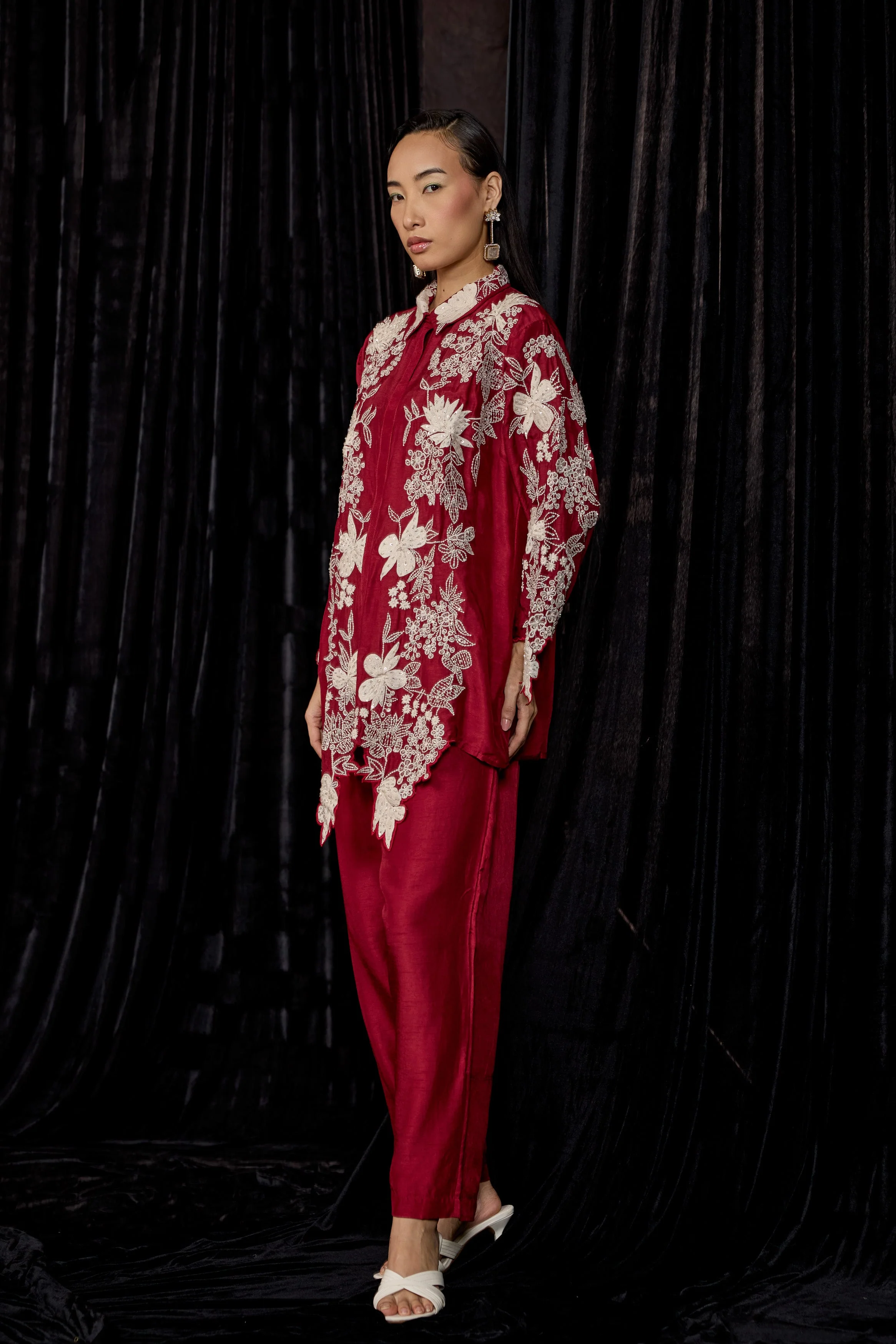 Maroon Embroidered Raw Silk Co-Ord Set - Image 4