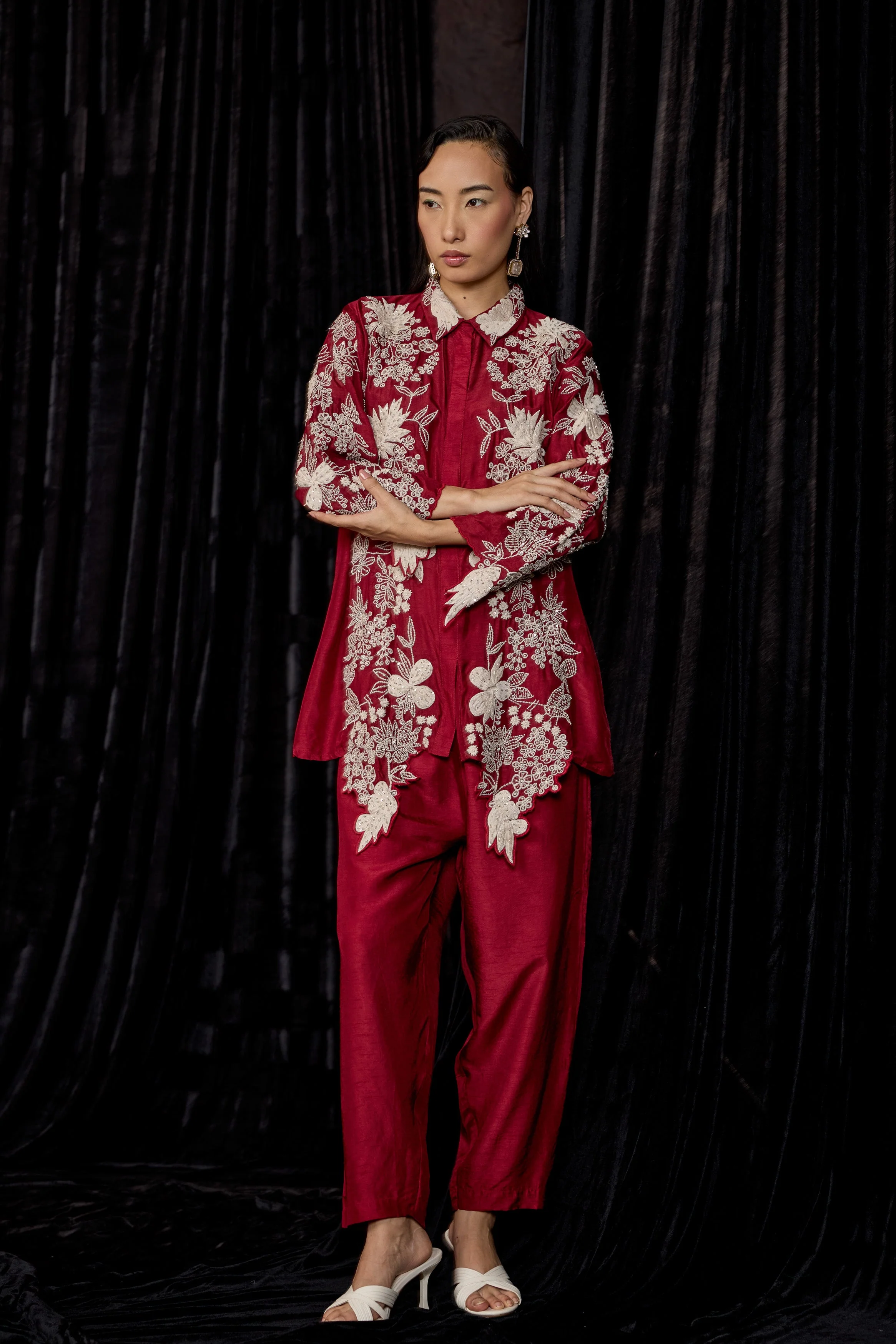 Maroon Embroidered Raw Silk Co-Ord Set - Image 5