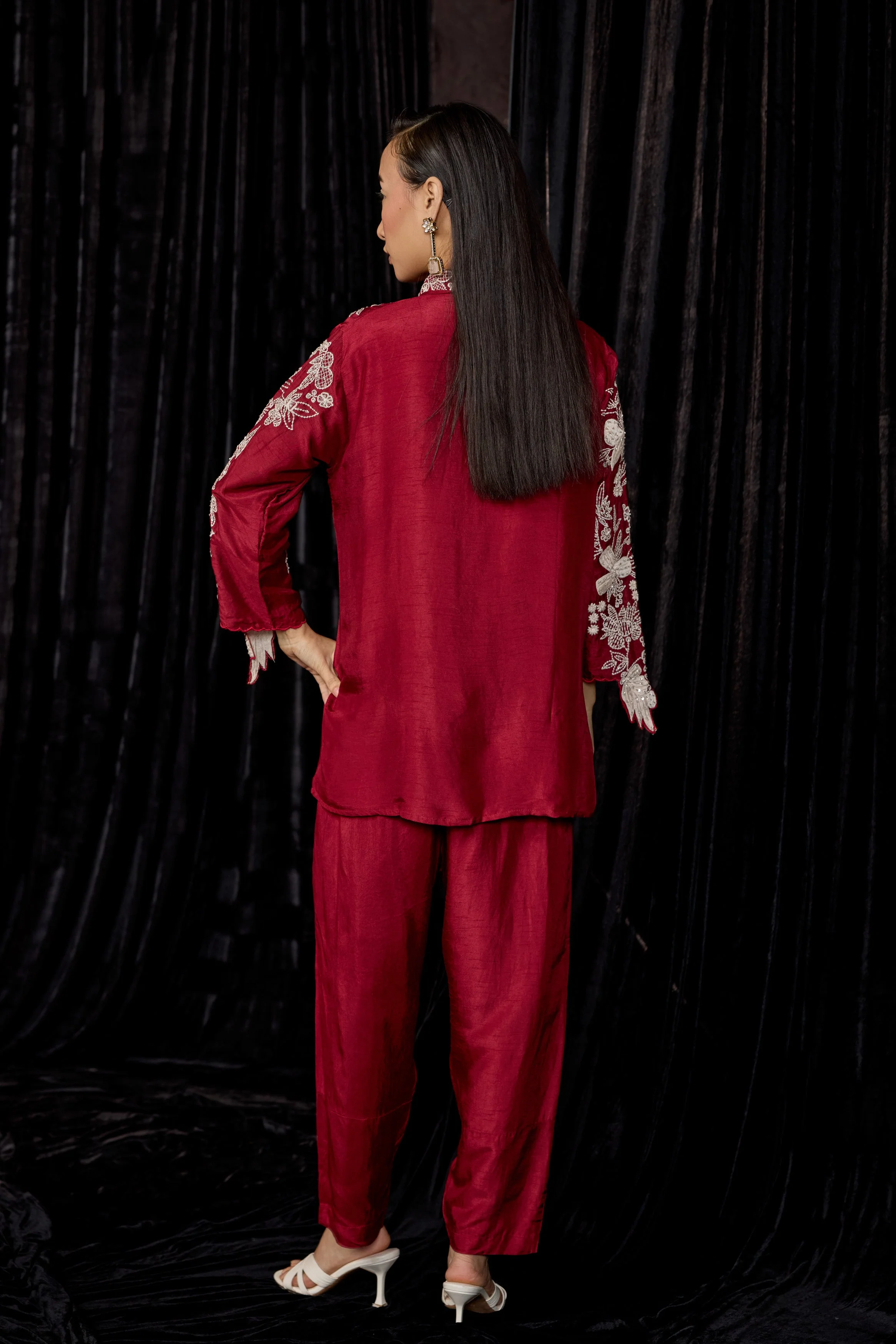 Maroon Embroidered Raw Silk Co-Ord Set - Image 6