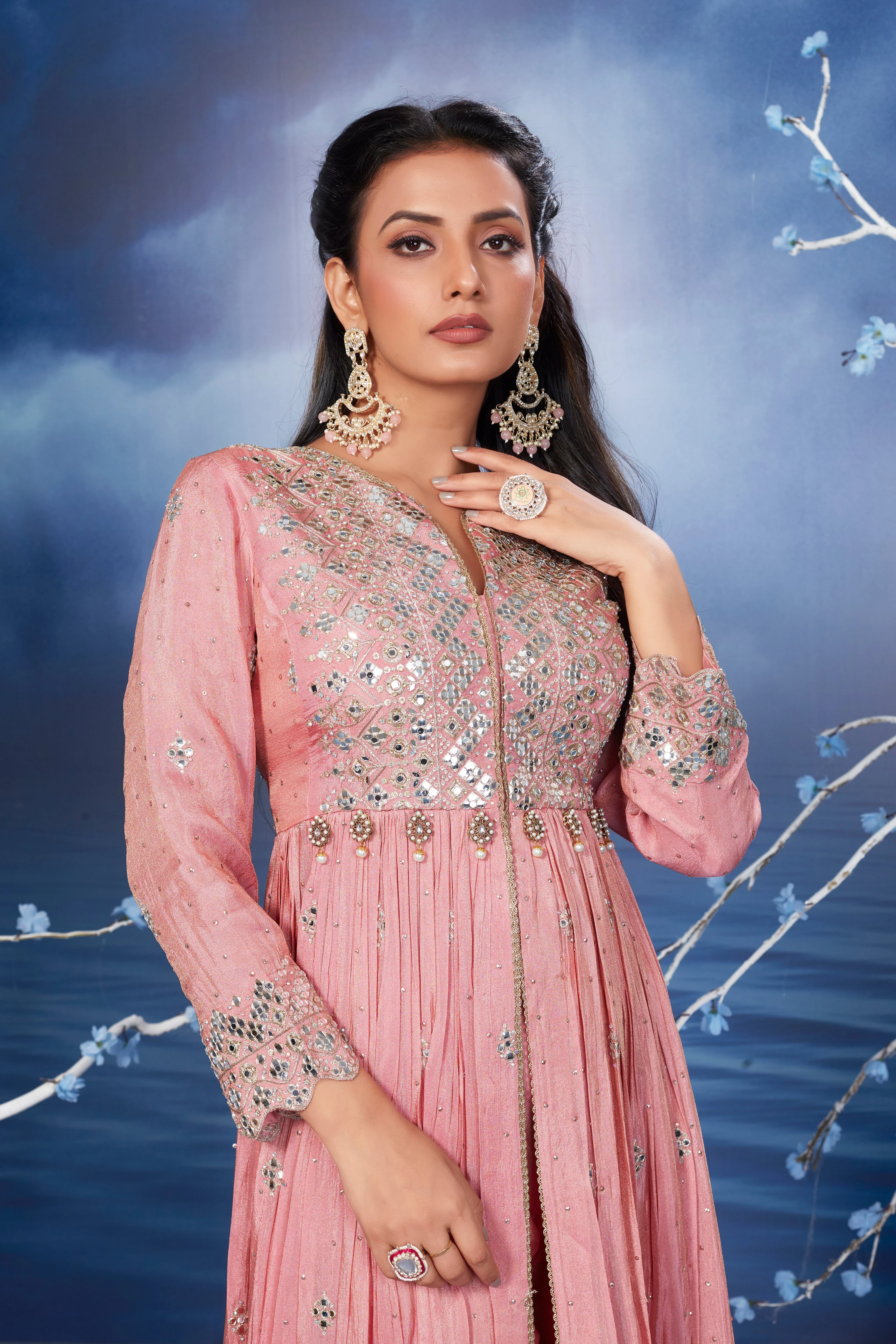 Pastel Pink Shimmer Premium Silk Anarkali Set - Image 2