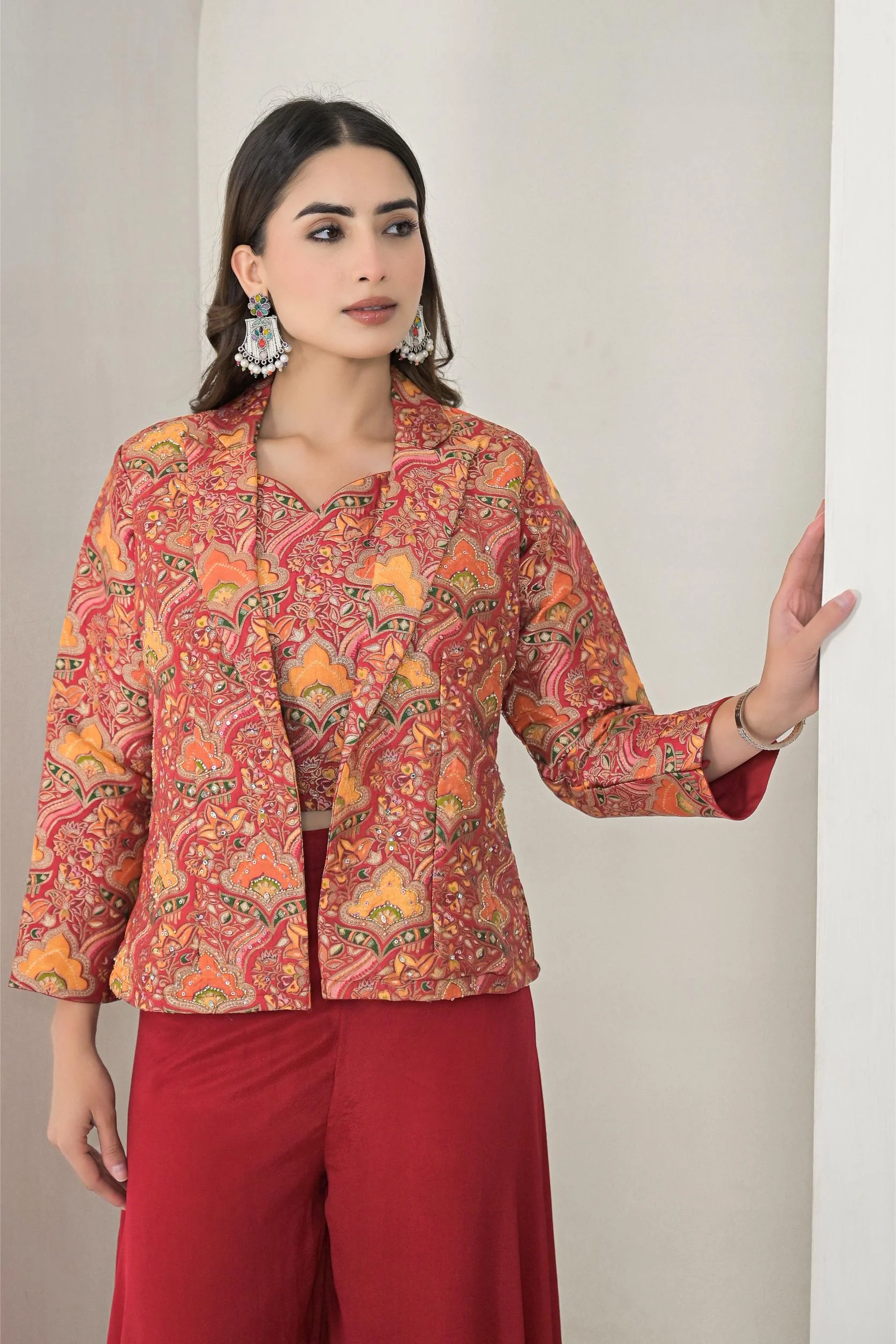 Red Printed Chanderi Silk Jacket & Palazzo Set - Image 2