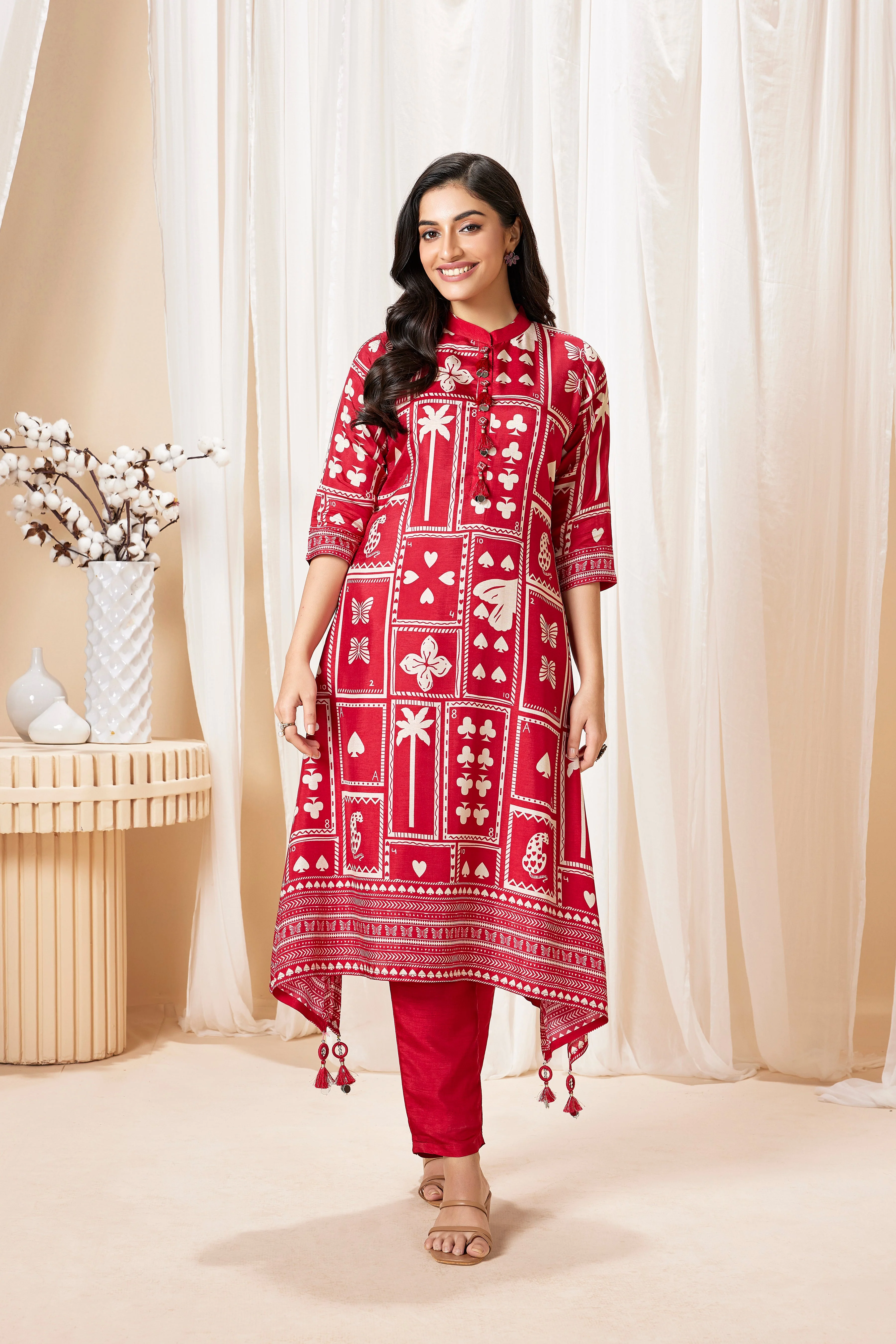 Bright Red Printed Muslin Silk Kurta Set