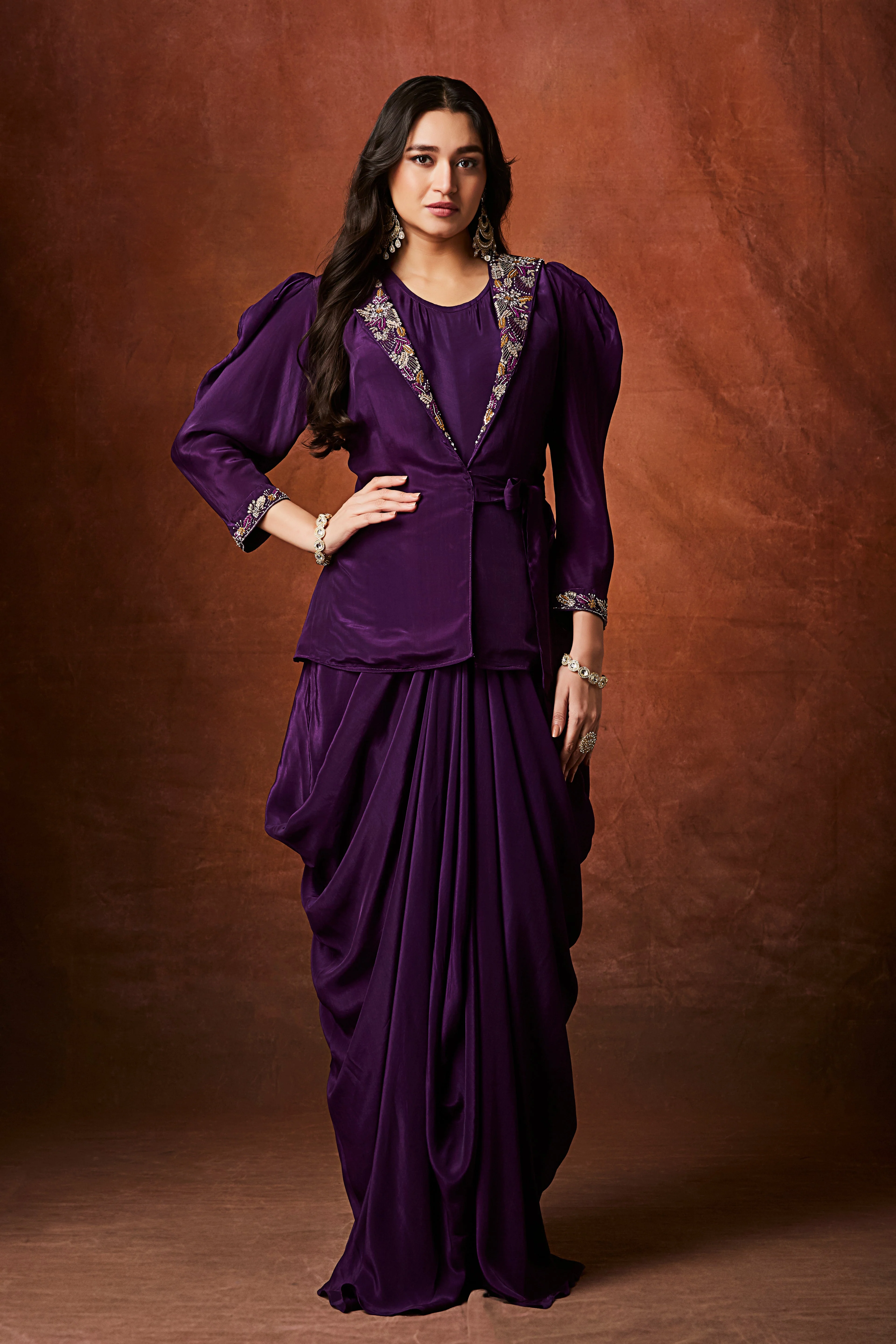Regal Violet Embellished Crepe Silk Skirt Set