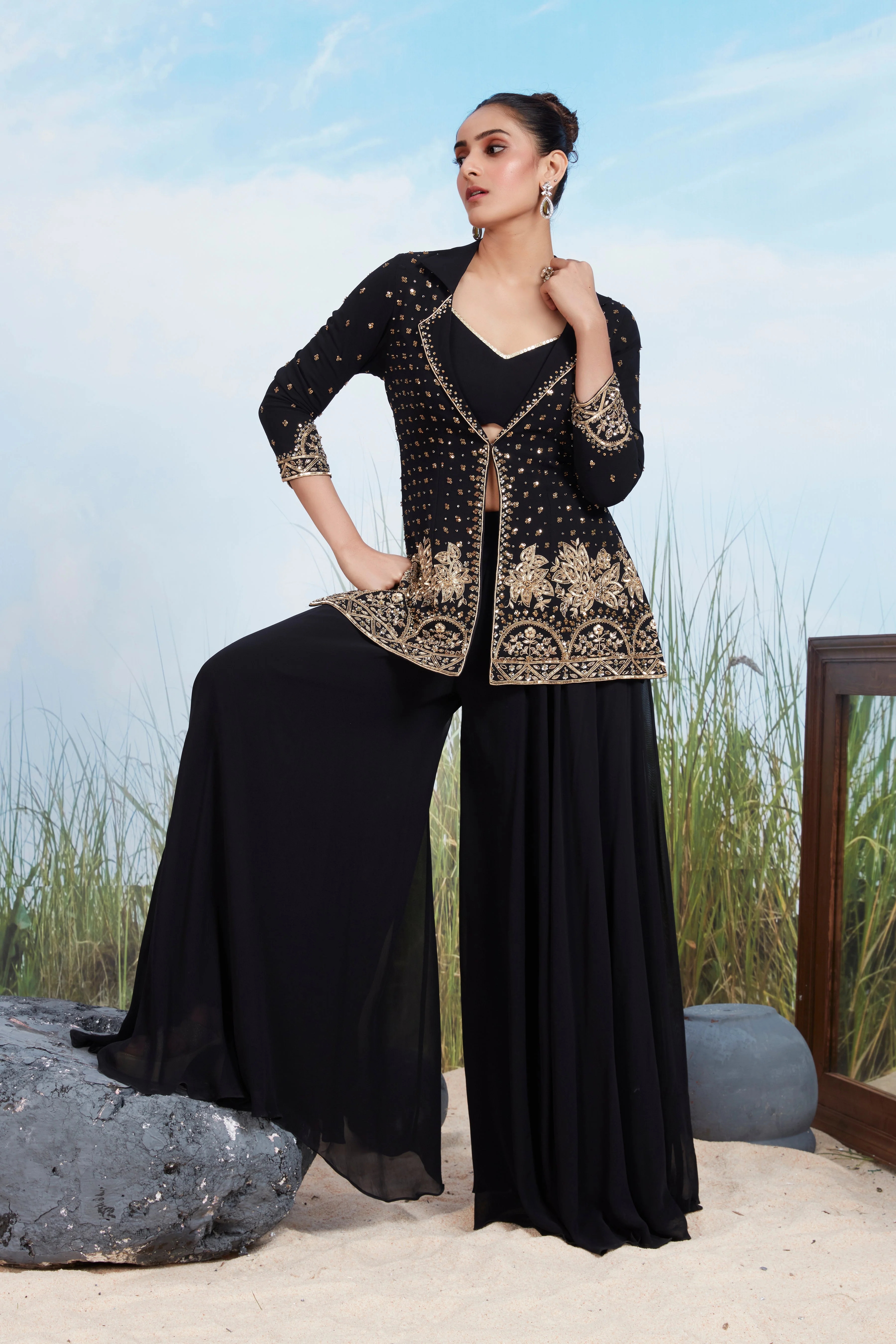Chic Black Embellished Georgette Silk Jacket Set - Image 2