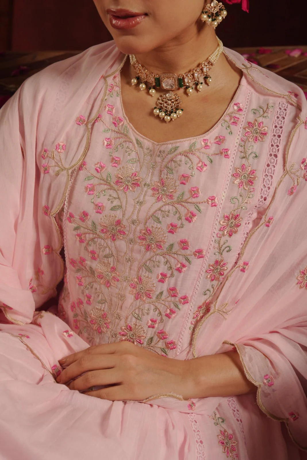 Rose Quartz Embroidered Mul Cotton Pant Set - Image 2