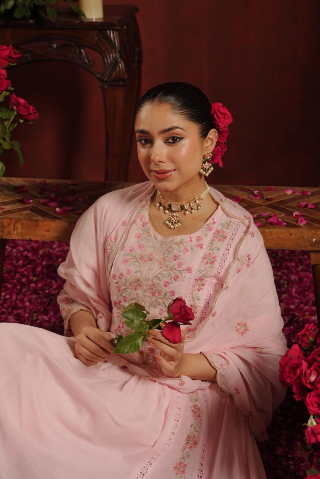 Rose Quartz Embroidered Mul Cotton Pant Set - Image 3