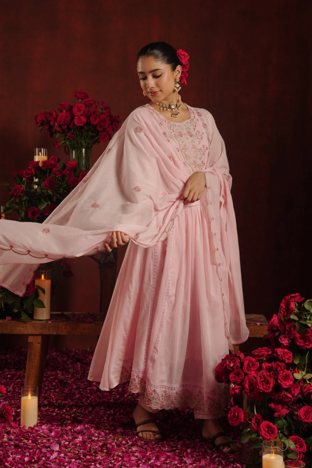Rose Quartz Embroidered Mul Cotton Pant Set - Image 4