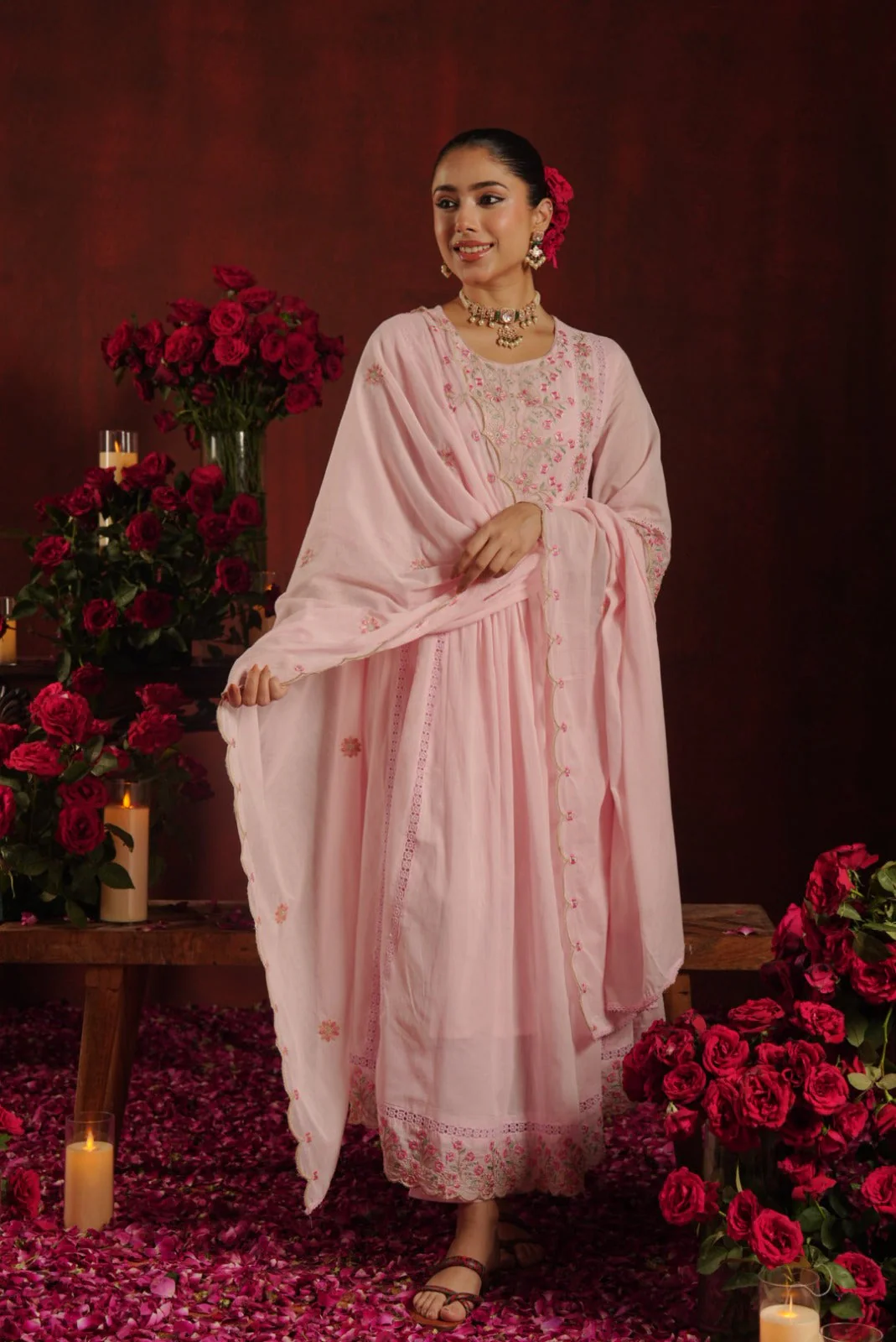 Rose Quartz Embroidered Mul Cotton Pant Set - Image 5