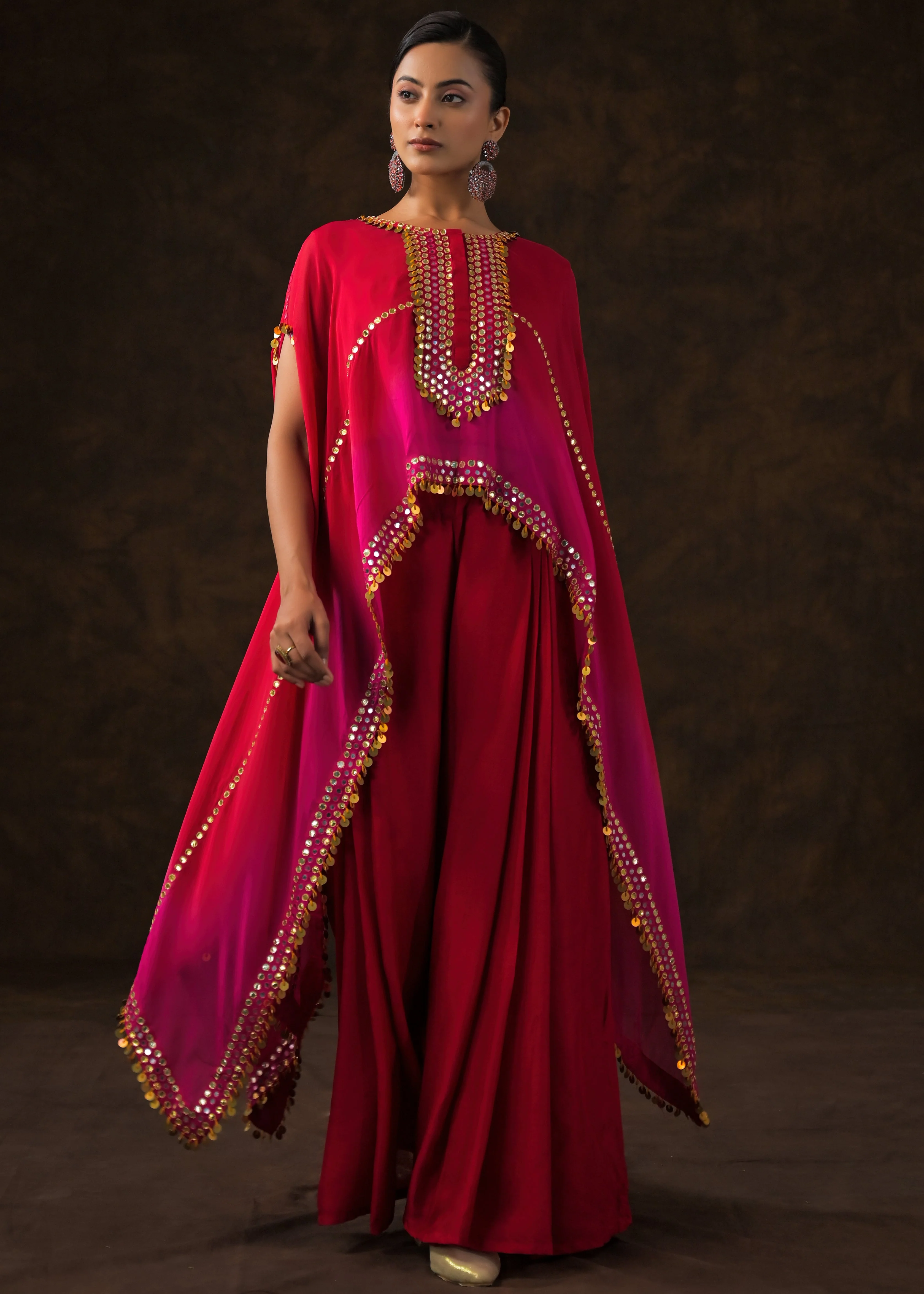 Rose Red Ombre Embellished Raw Silk Cape Set