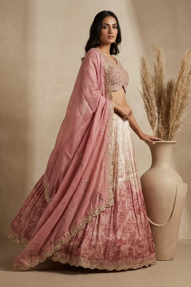 Rosewood Ombre Embellished Satin Silk Lehenga Set