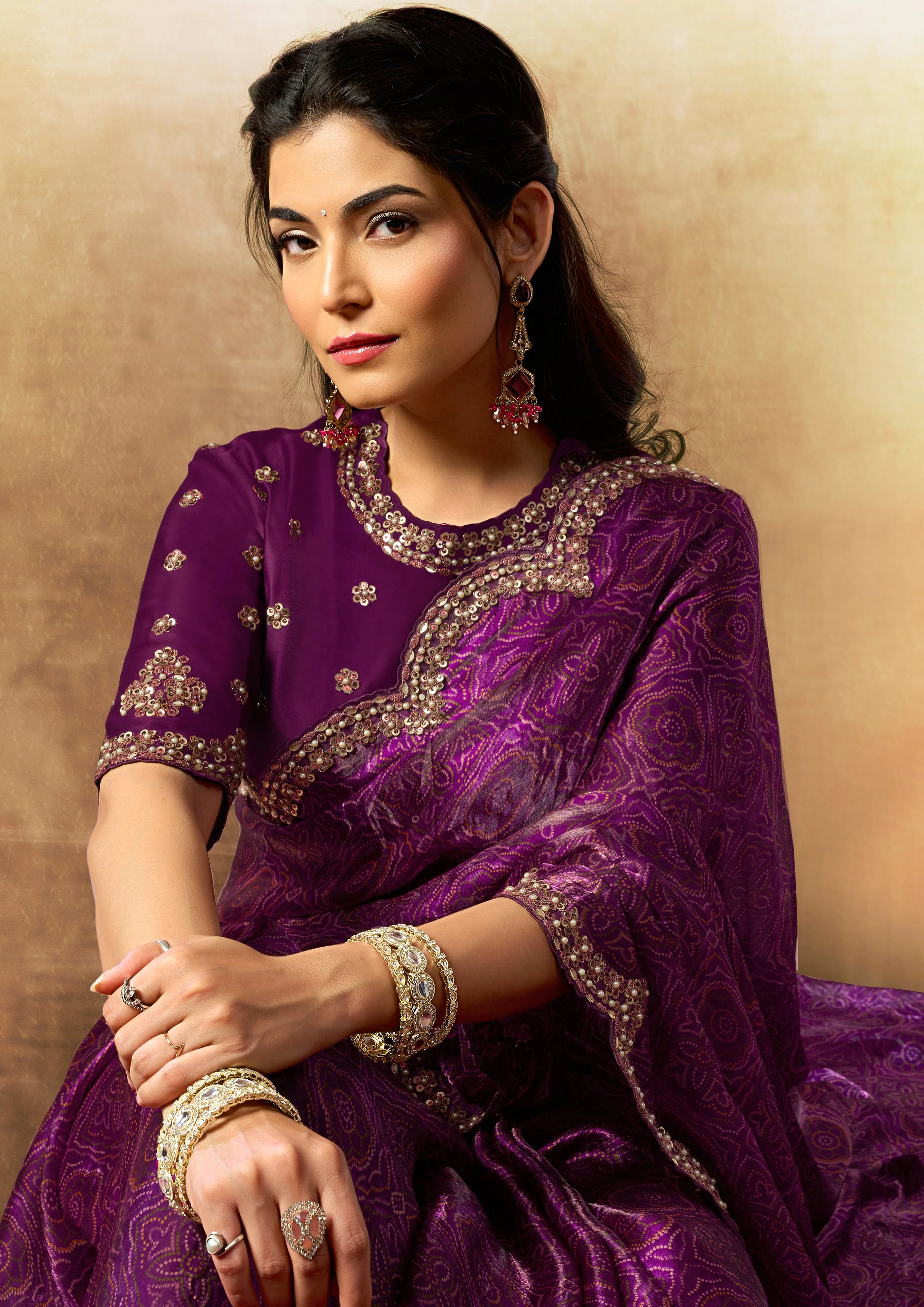 Royal Plum Embellished Satin Silk Saree - Image 3