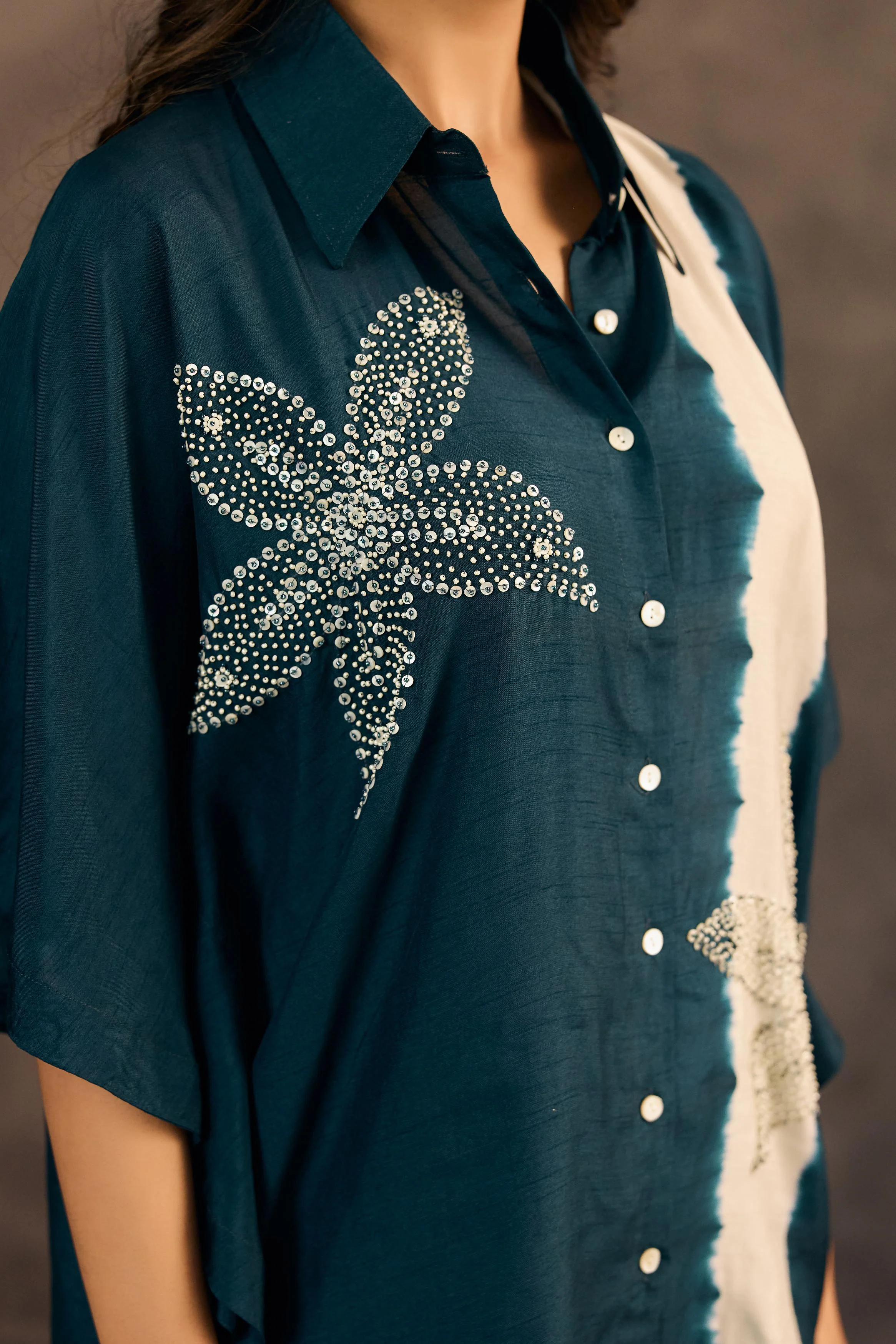 Ocean Teal Embellished Raw Silk Co-Ord Set - Image 2