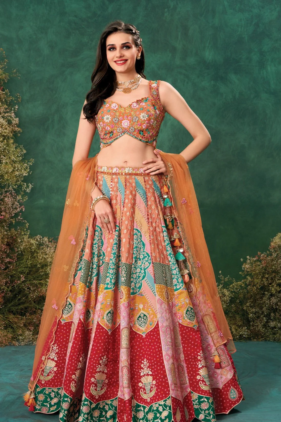 Rust Multicolor Embroidered Lehenga Set