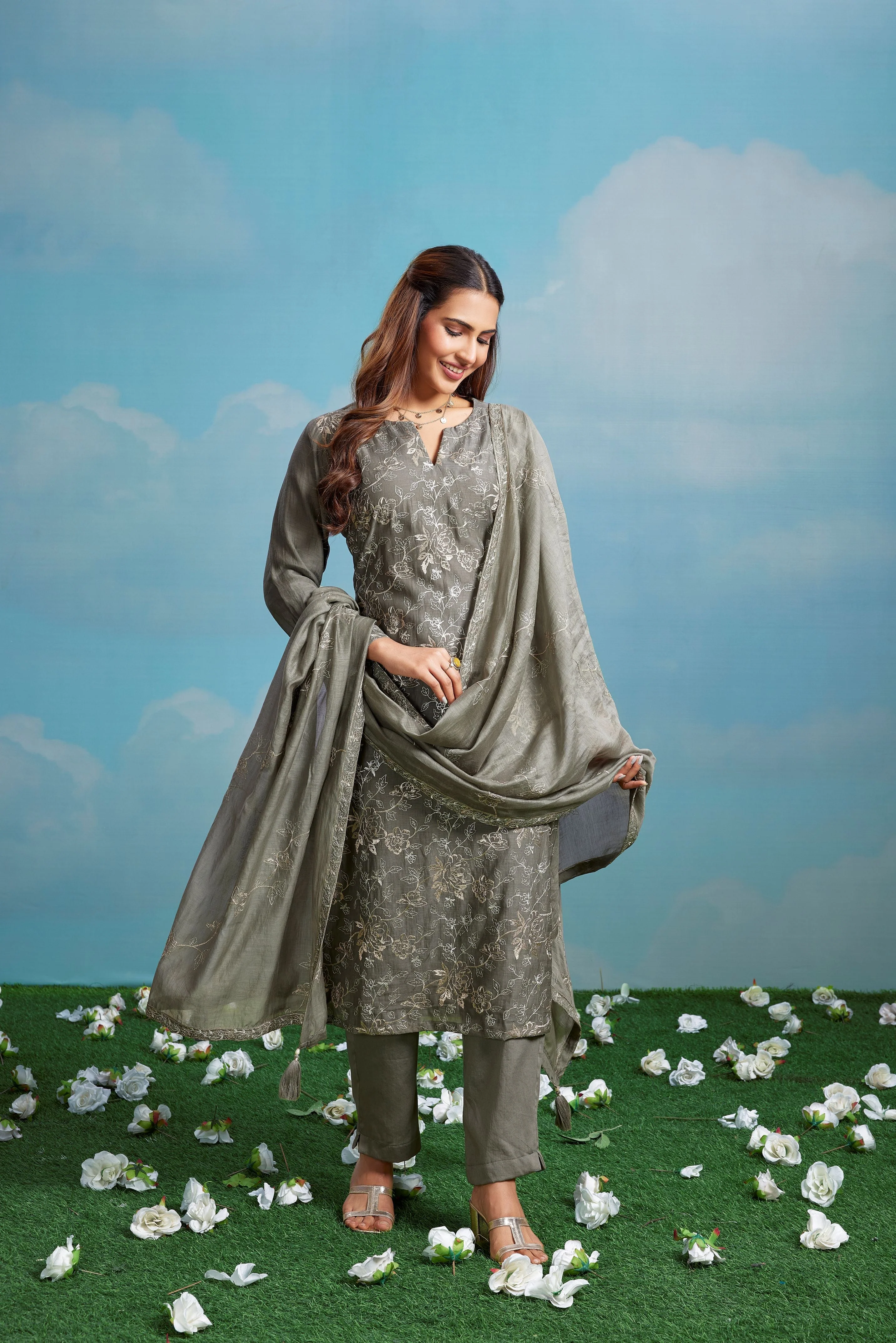 Sage Glimmer Embroidered Chanderi Silk Pant Set