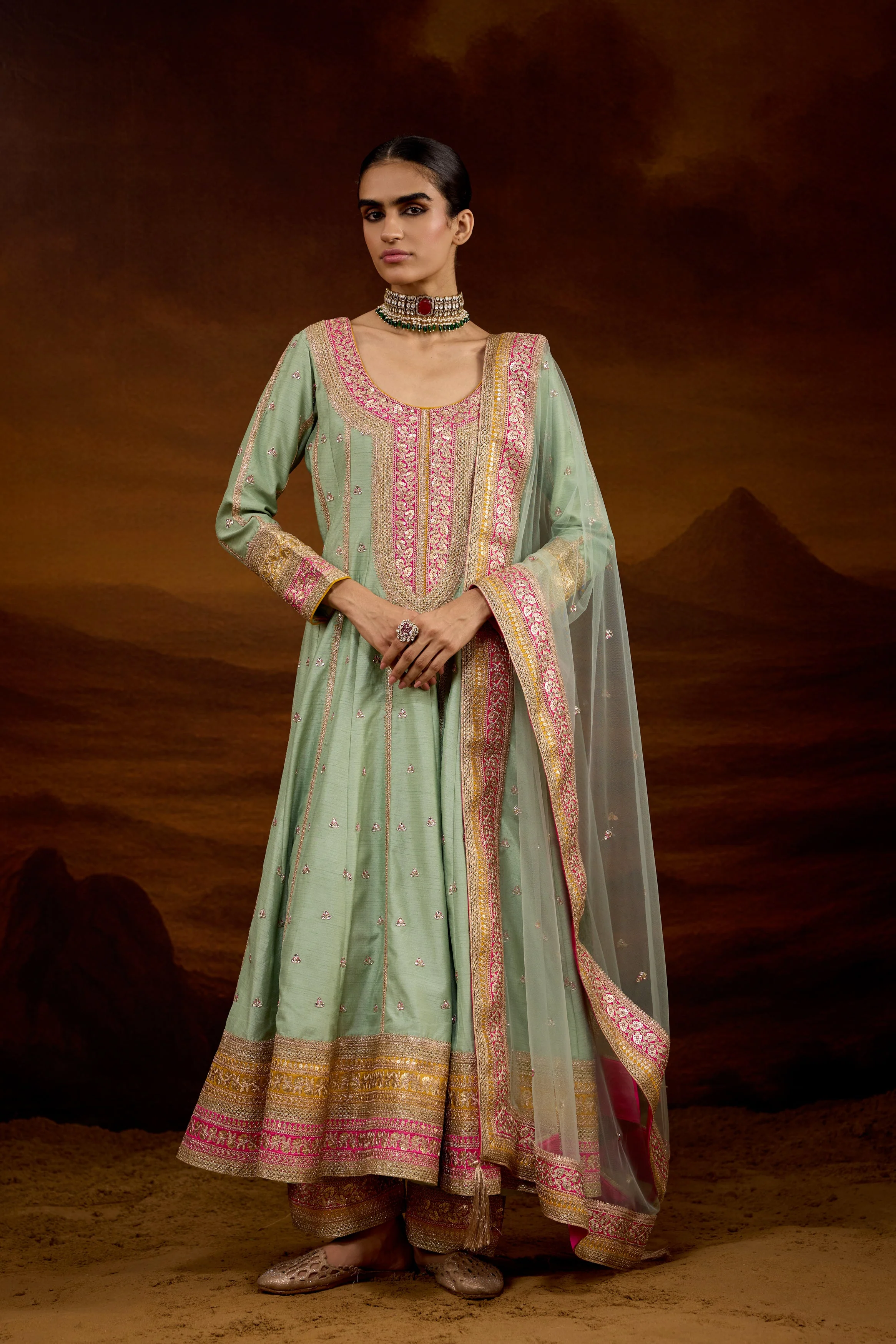 Sage Green Embellished Raw Silk Anarkali Set