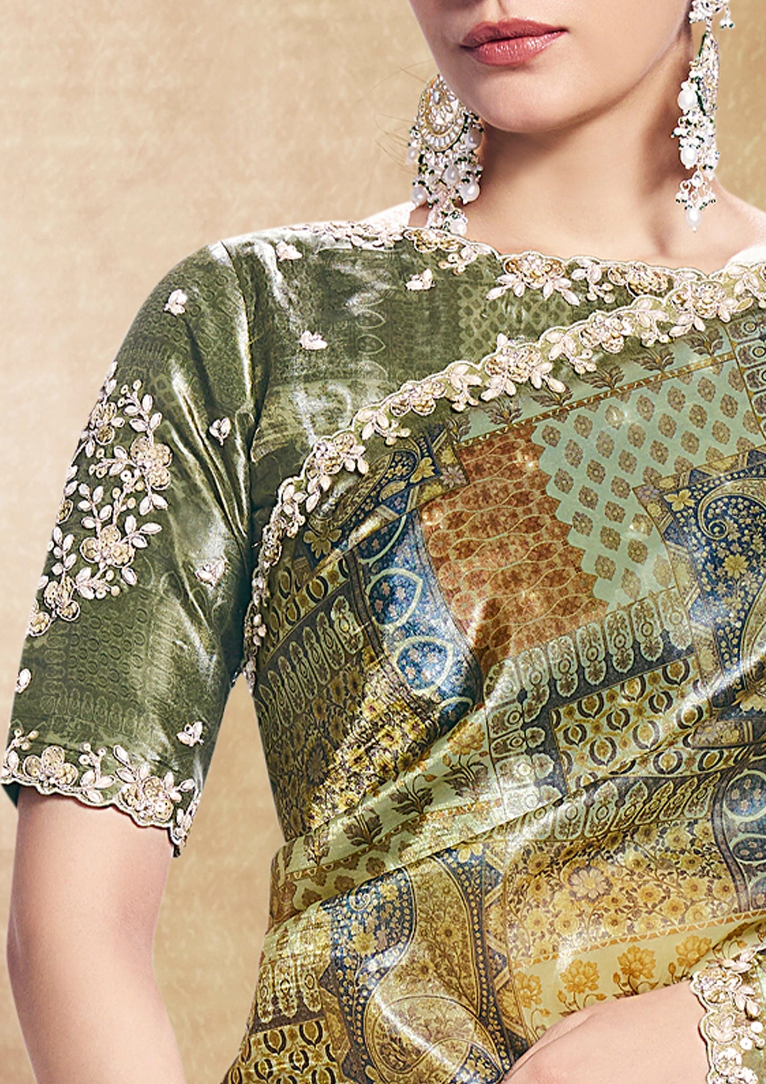 Sage Paisley Printed Satin Silk Saree - Image 3
