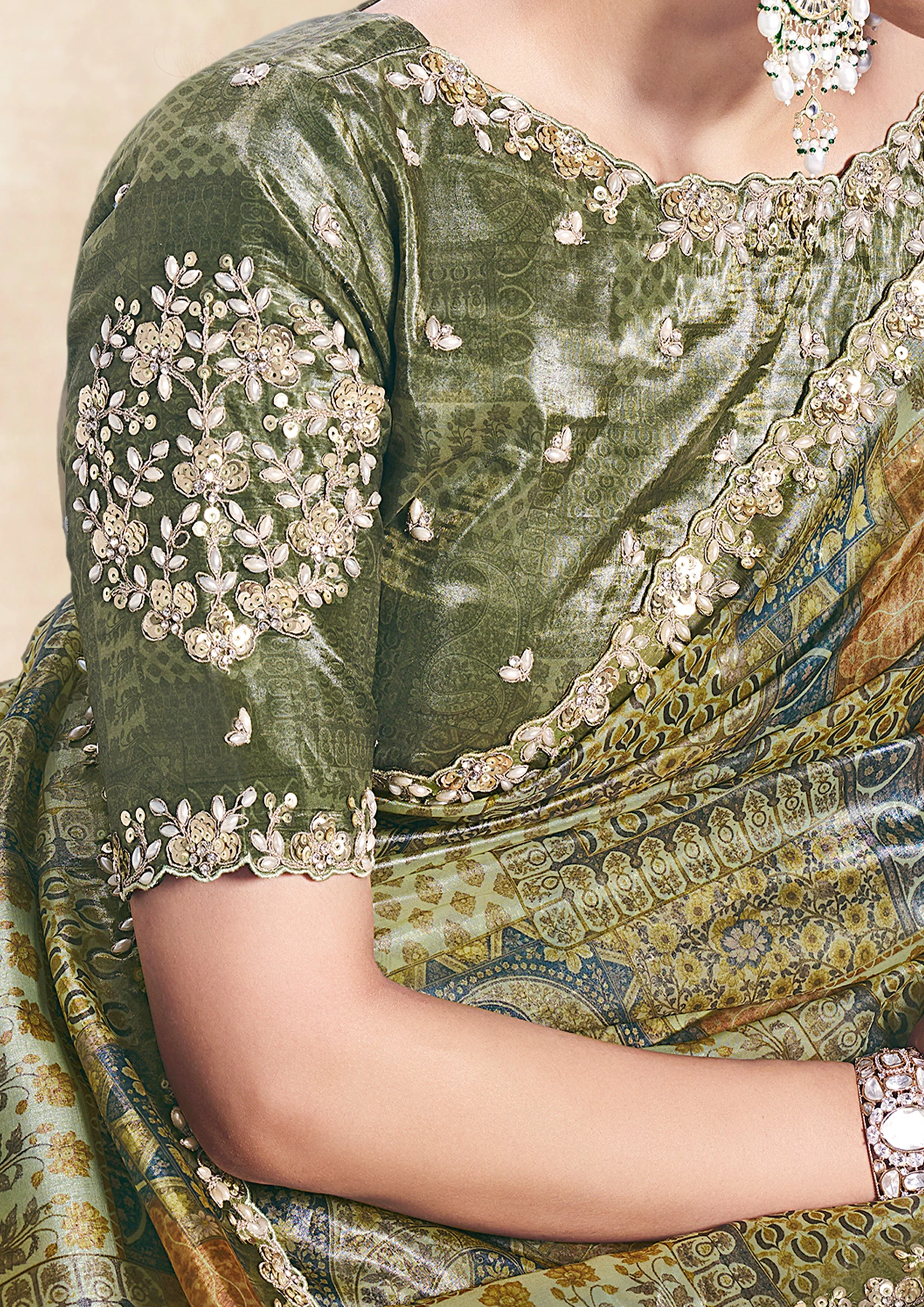 Sage Paisley Printed Satin Silk Saree - Image 4