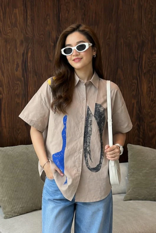 Sand Beige Abstract Graphic Cotton Shirt - Image 2
