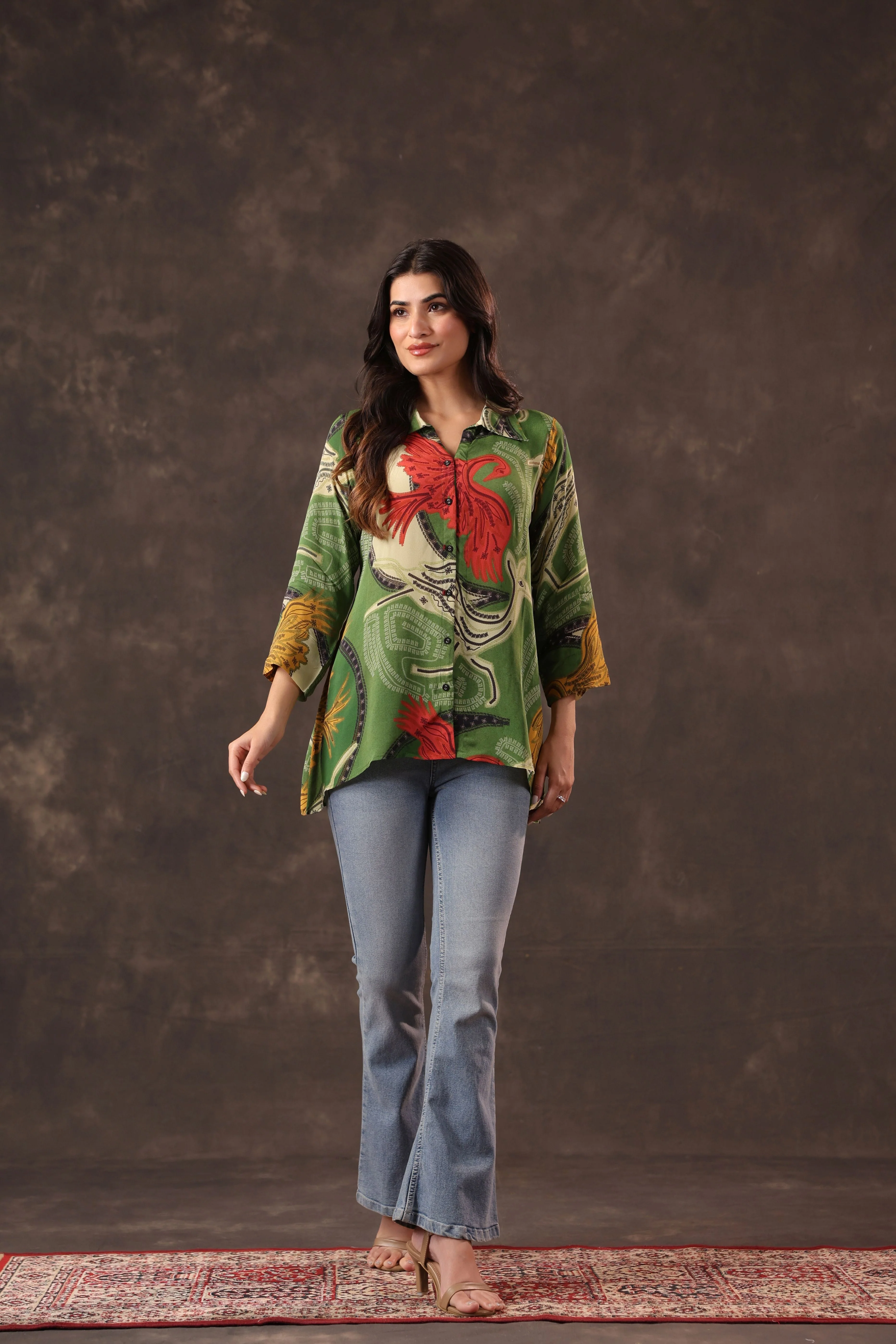 Sap Green Printed Crepe Silk Top