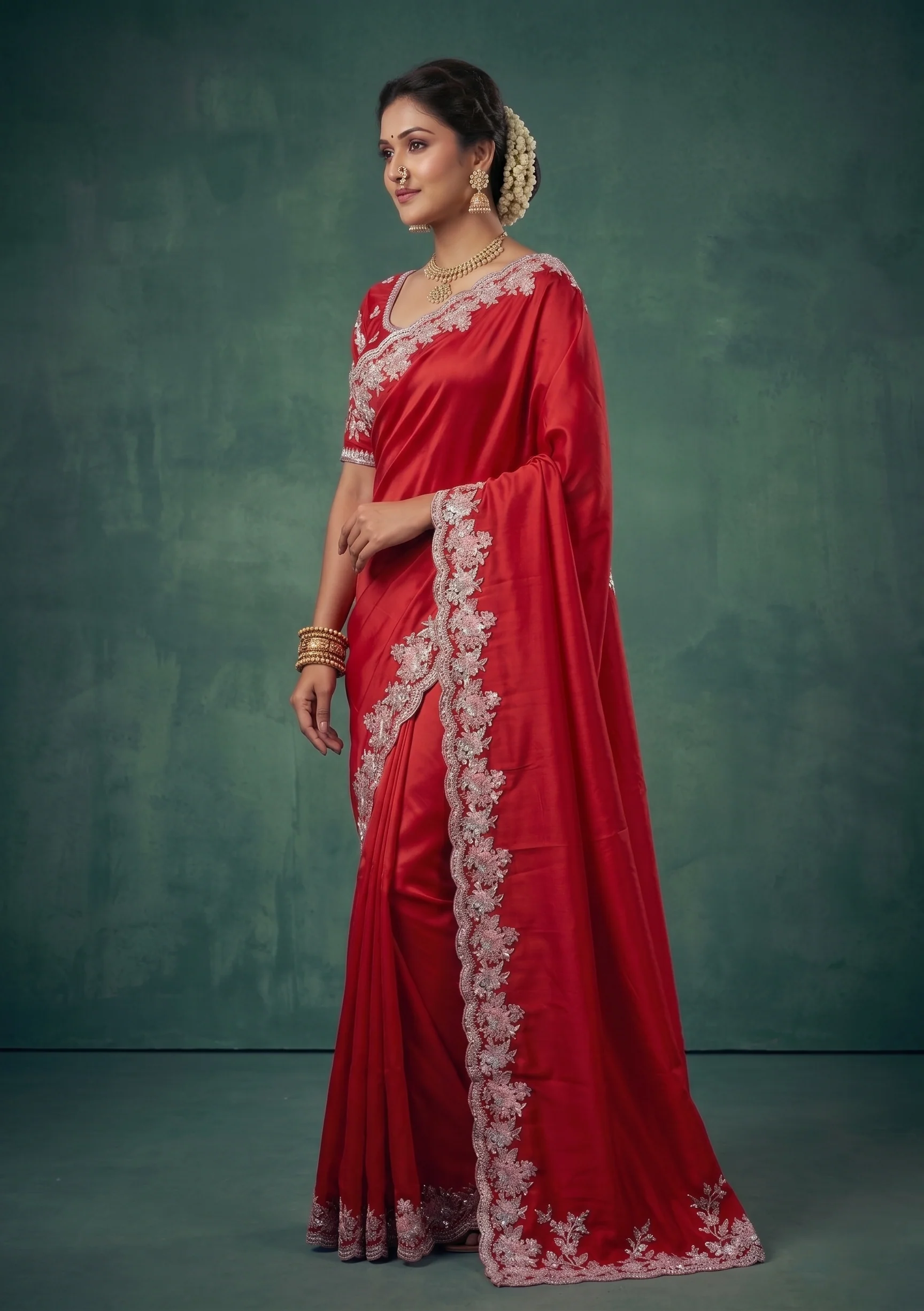 Scarlet Red Embellished Satin Silk Saree - Image 3