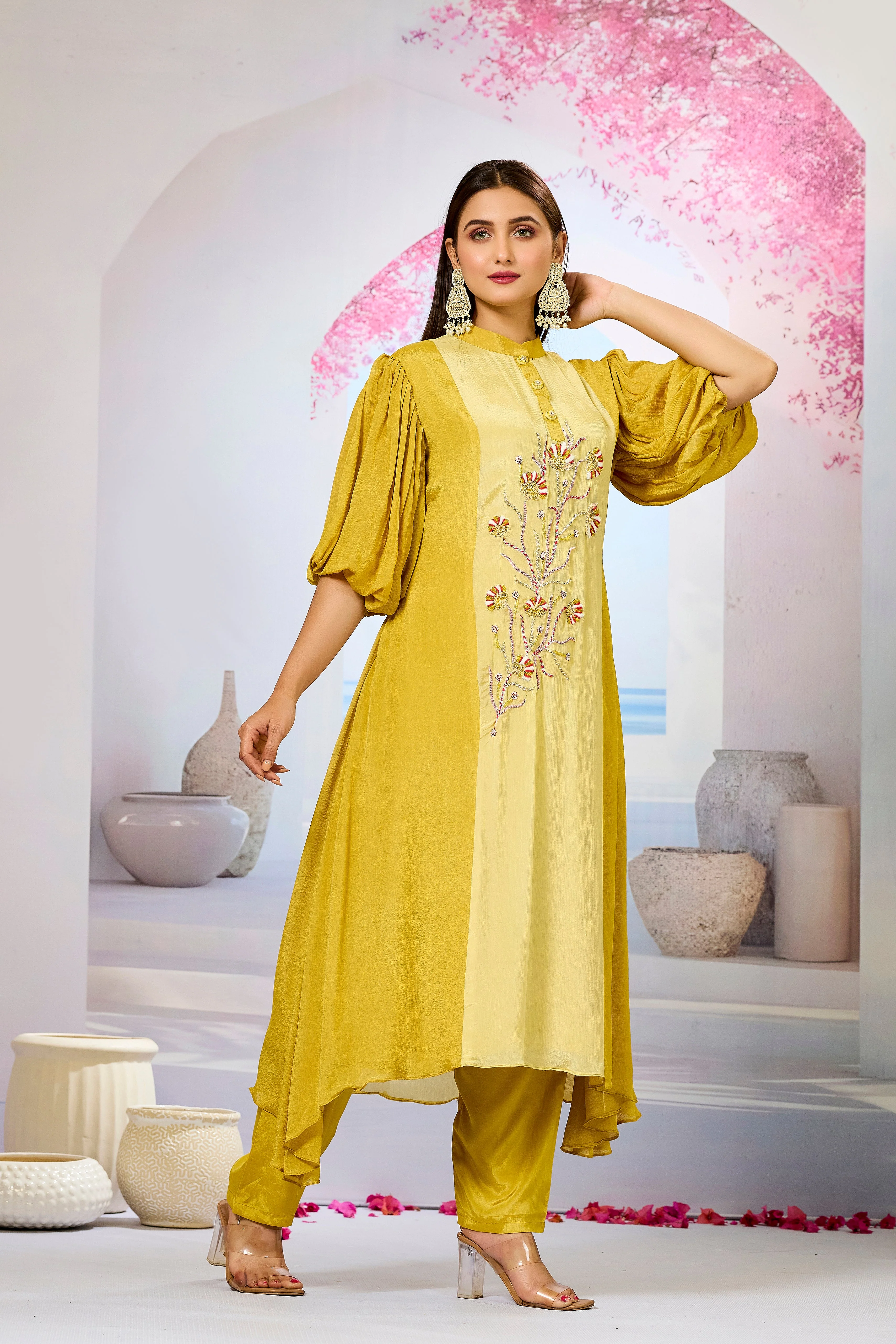 Yellow Shaded Chinon Silk Kurta Pants Set - Image 3