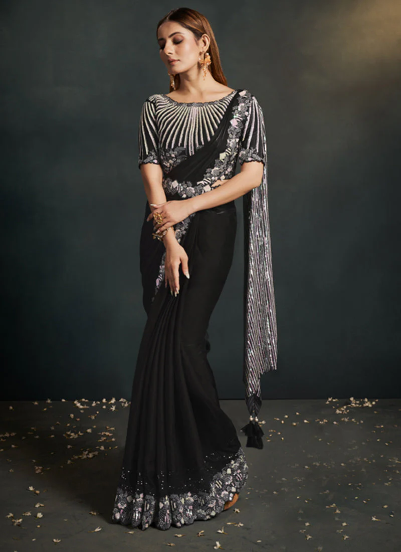 Shadow Black Embellished Crepe Satin Silk Saree