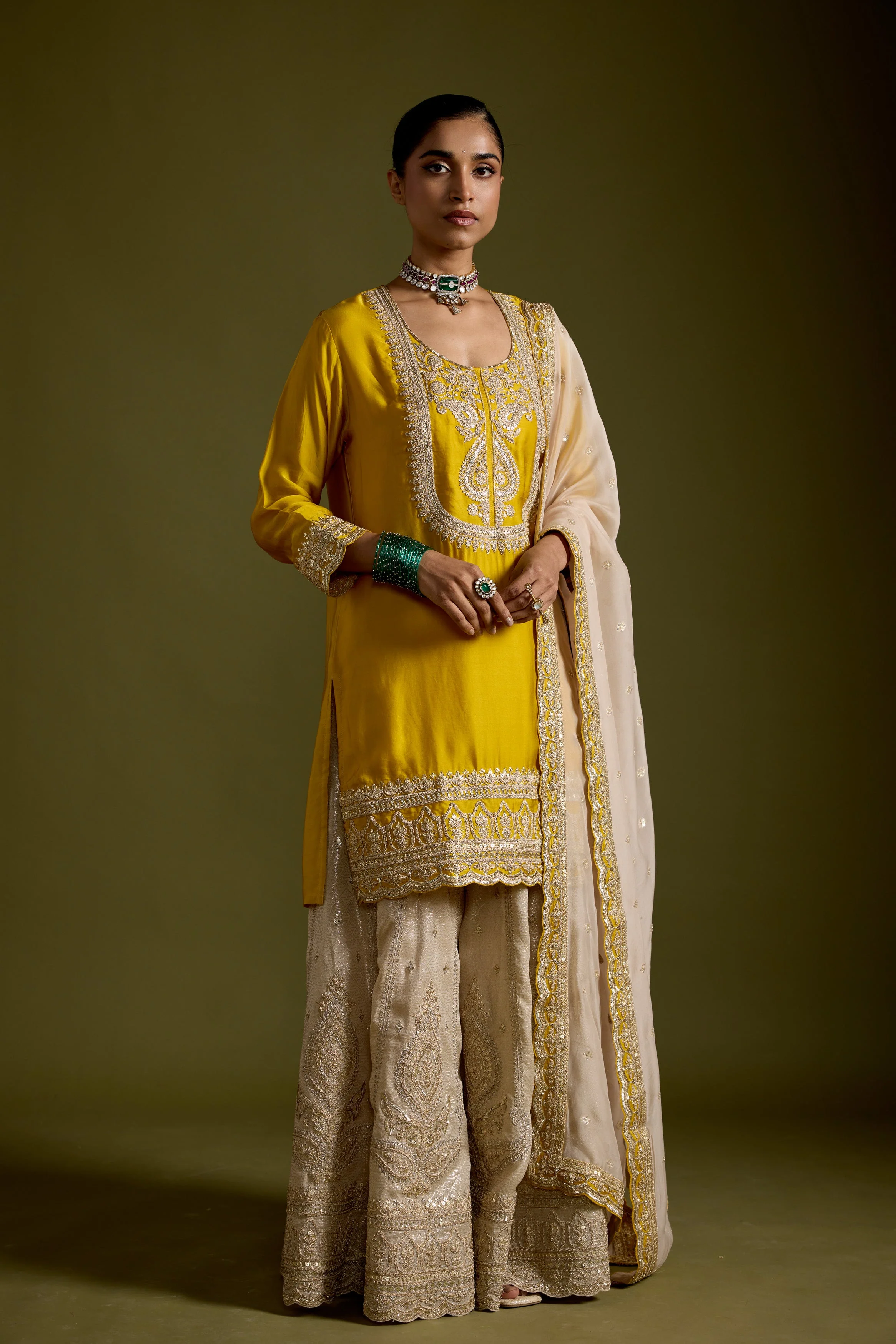 Yellow Embellished Satin Silk Sharara Set