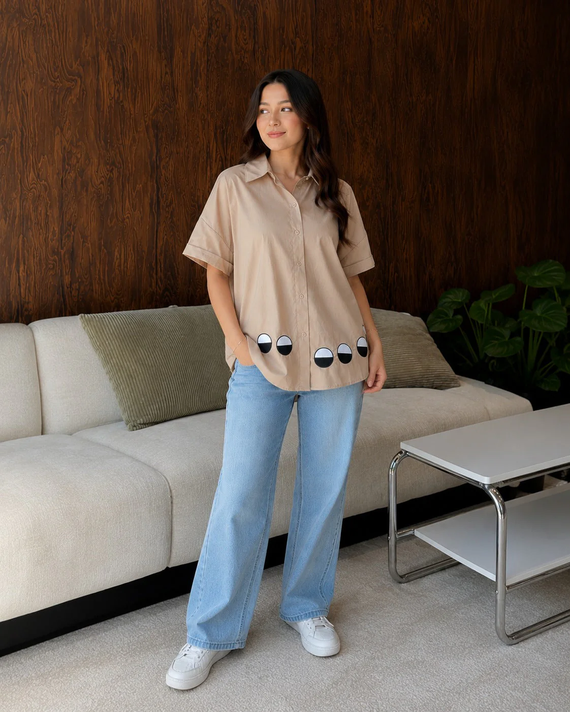 Khaki Beige Graphic Applique Cotton Shirt