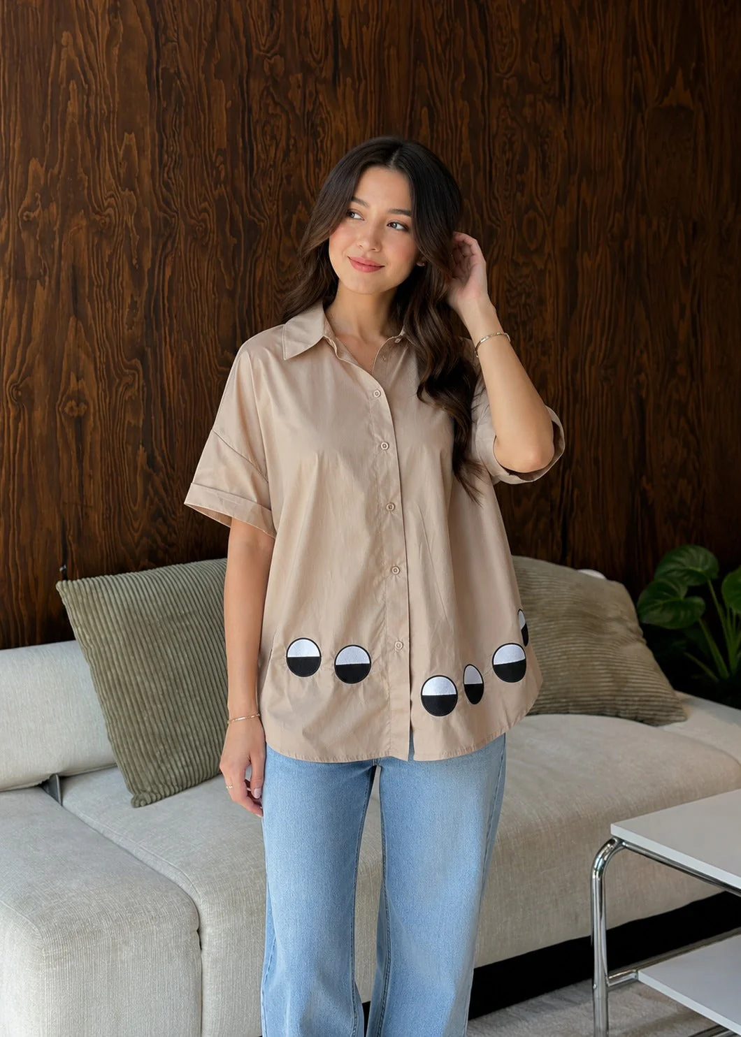 Khaki Beige Graphic Applique Cotton Shirt - Image 2