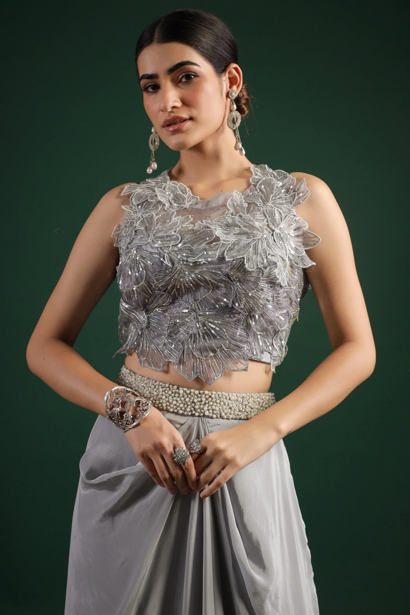 Silver Floral Embroidered Crepe Silk Skirt Set - Image 2