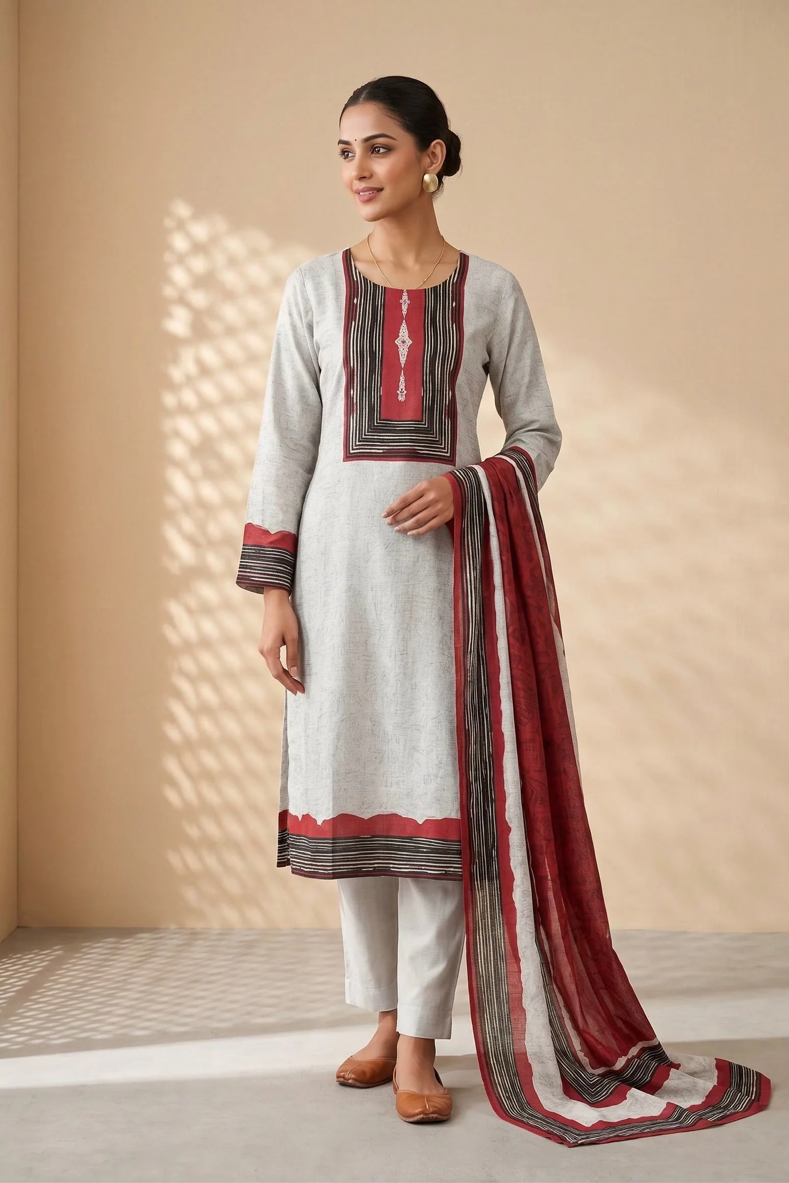 Silver Grey Printed Dola Silk Pant Set