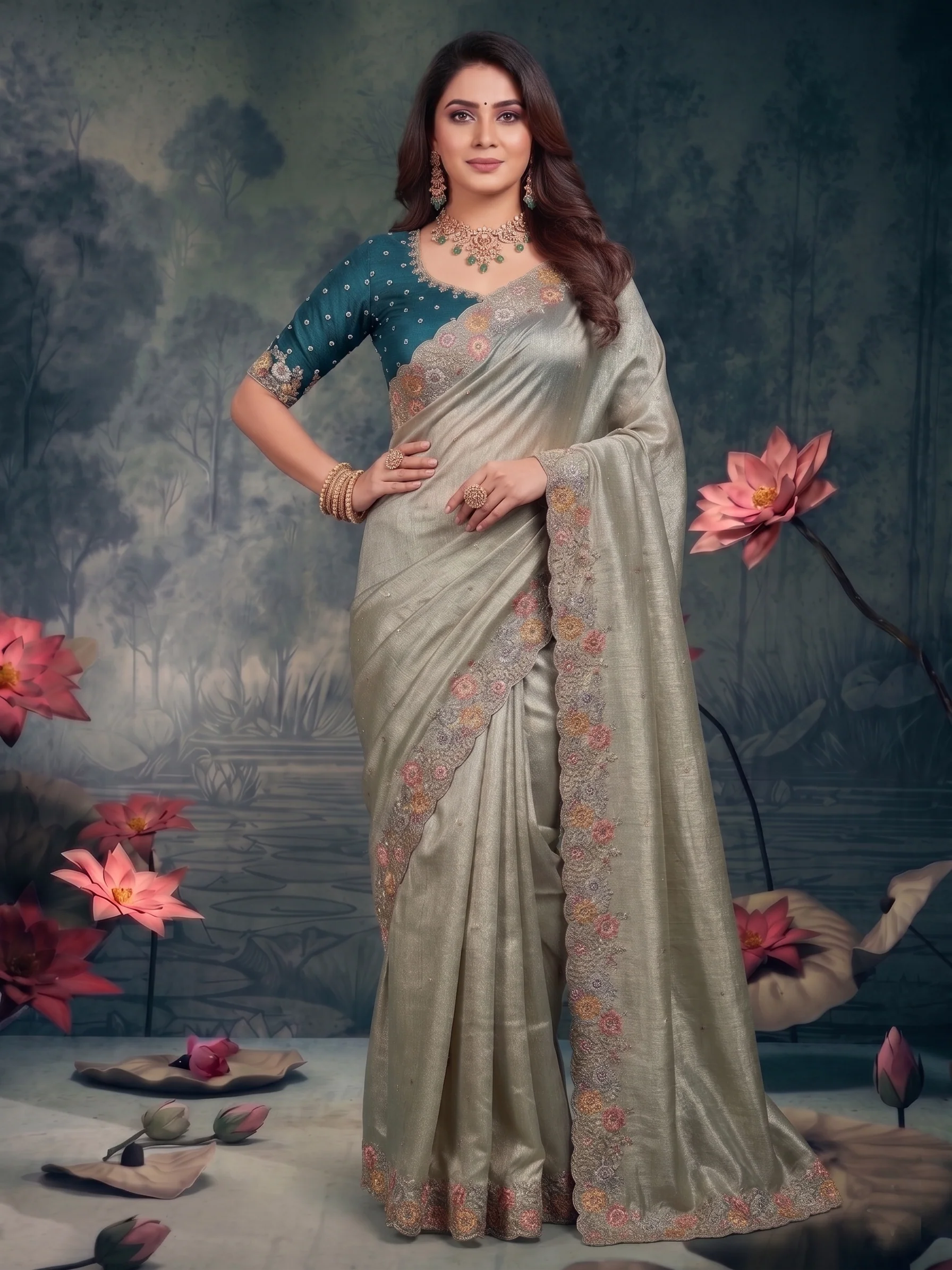 Silver Mist Embellished Tissue Silk Saree - Image 3
