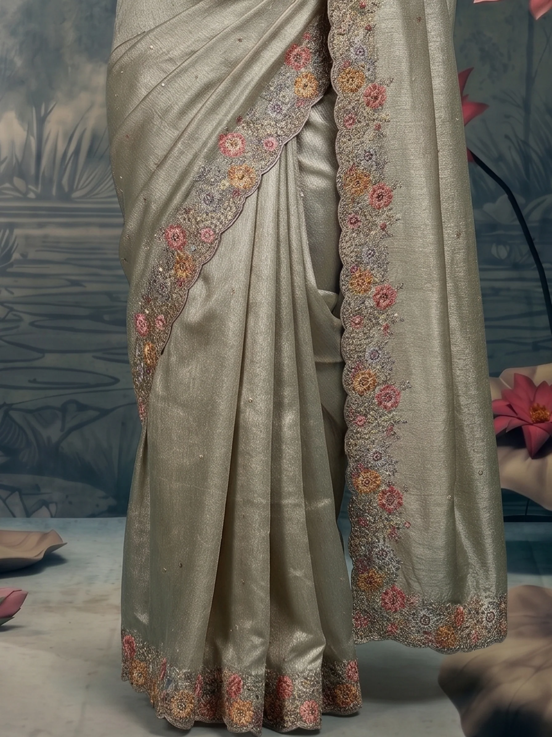 Silver Mist Embellished Tissue Silk Saree - Image 5