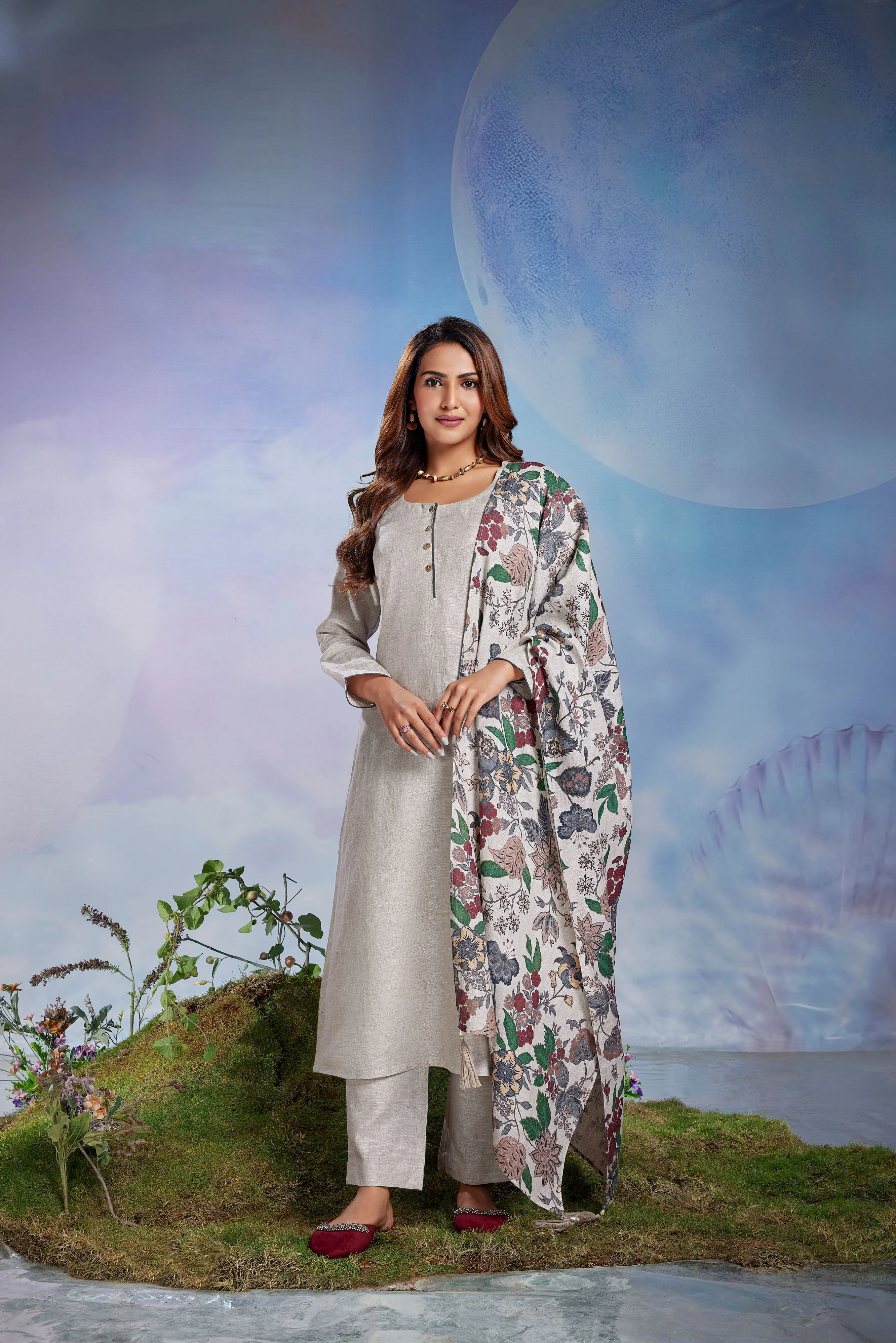 Silver Mist Printed Linen Pant Set
