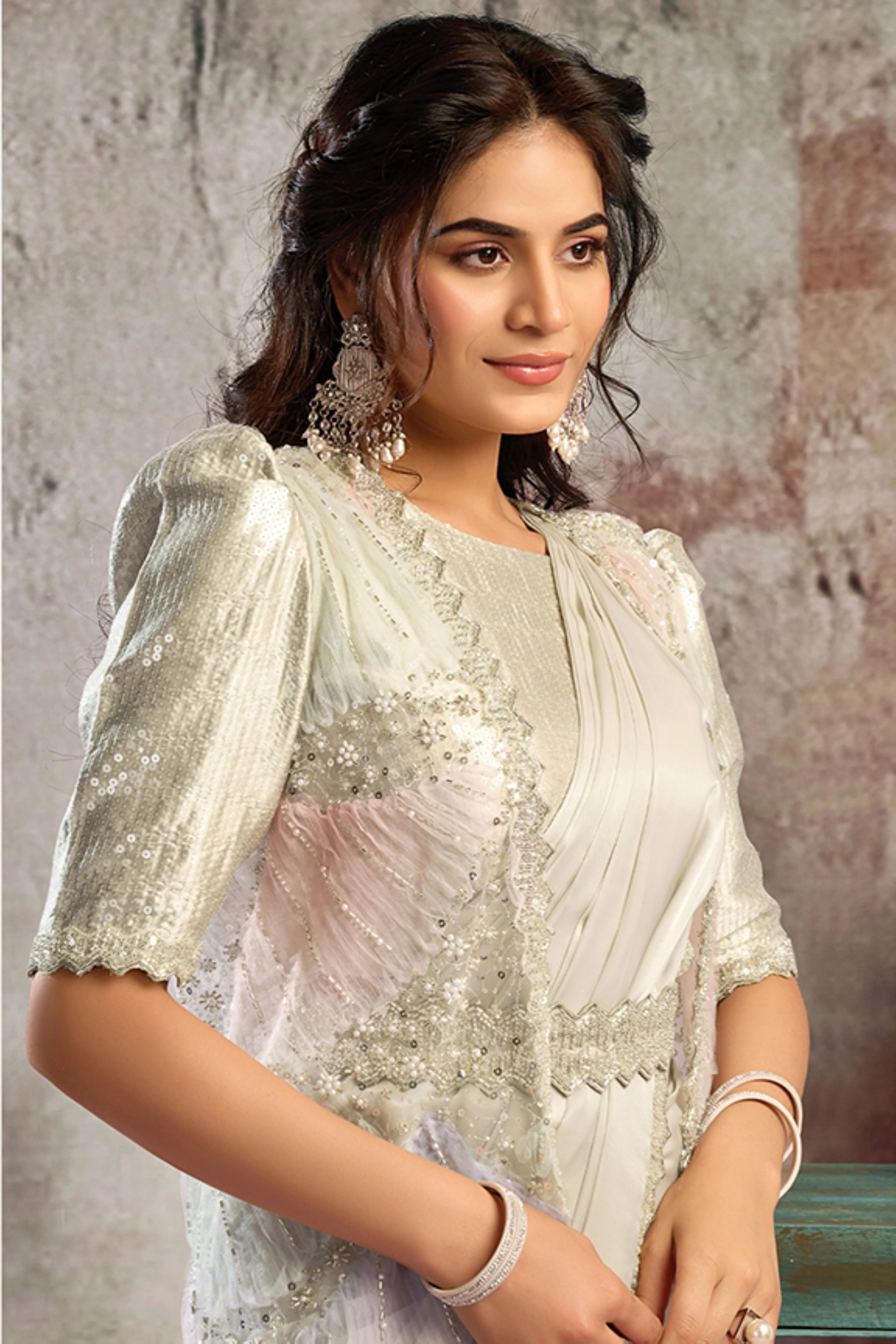 Silver Willow Embellished Satin Silk Draped Saree - Image 2