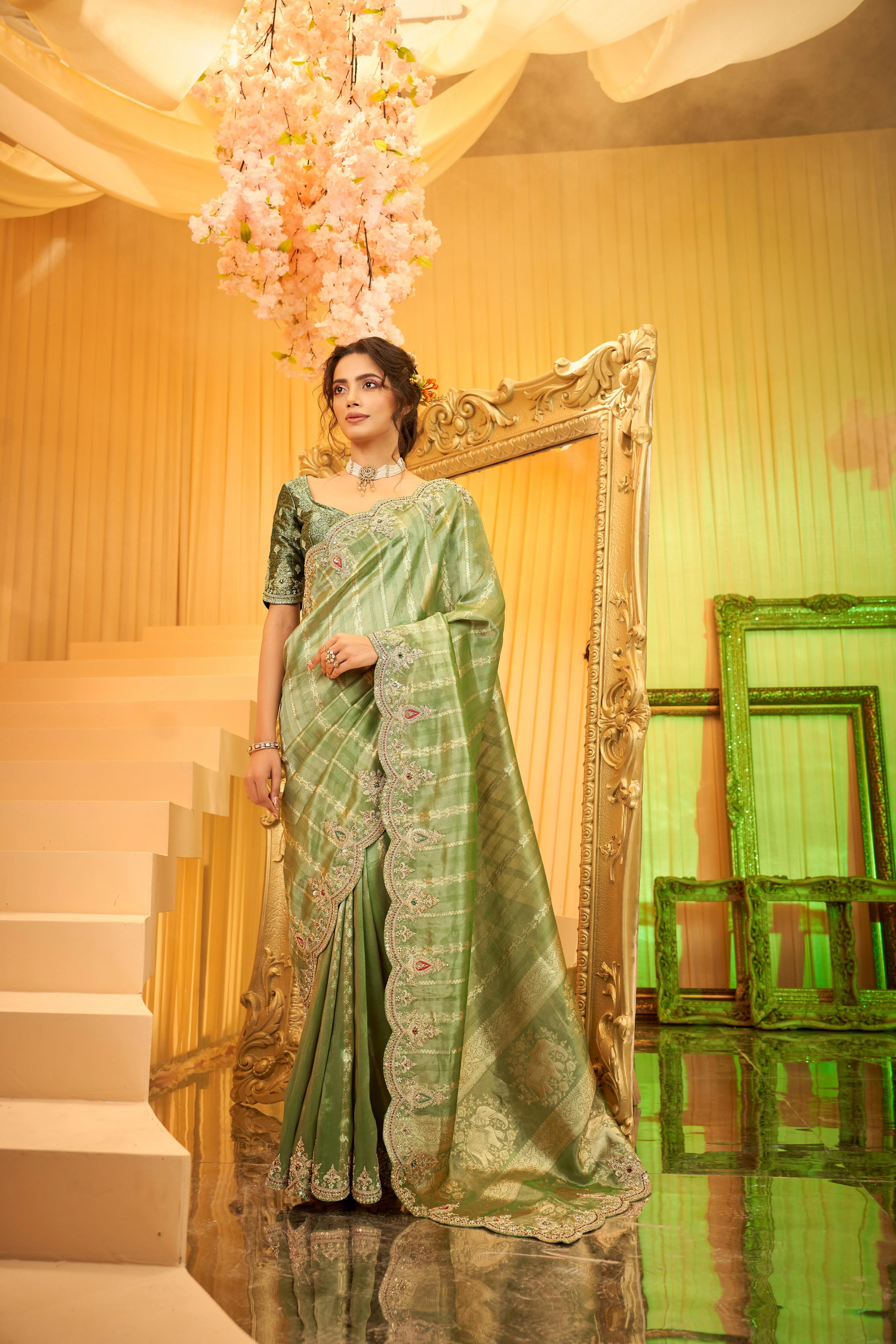 Light Olive Green Embellished Premium Silk Saree
