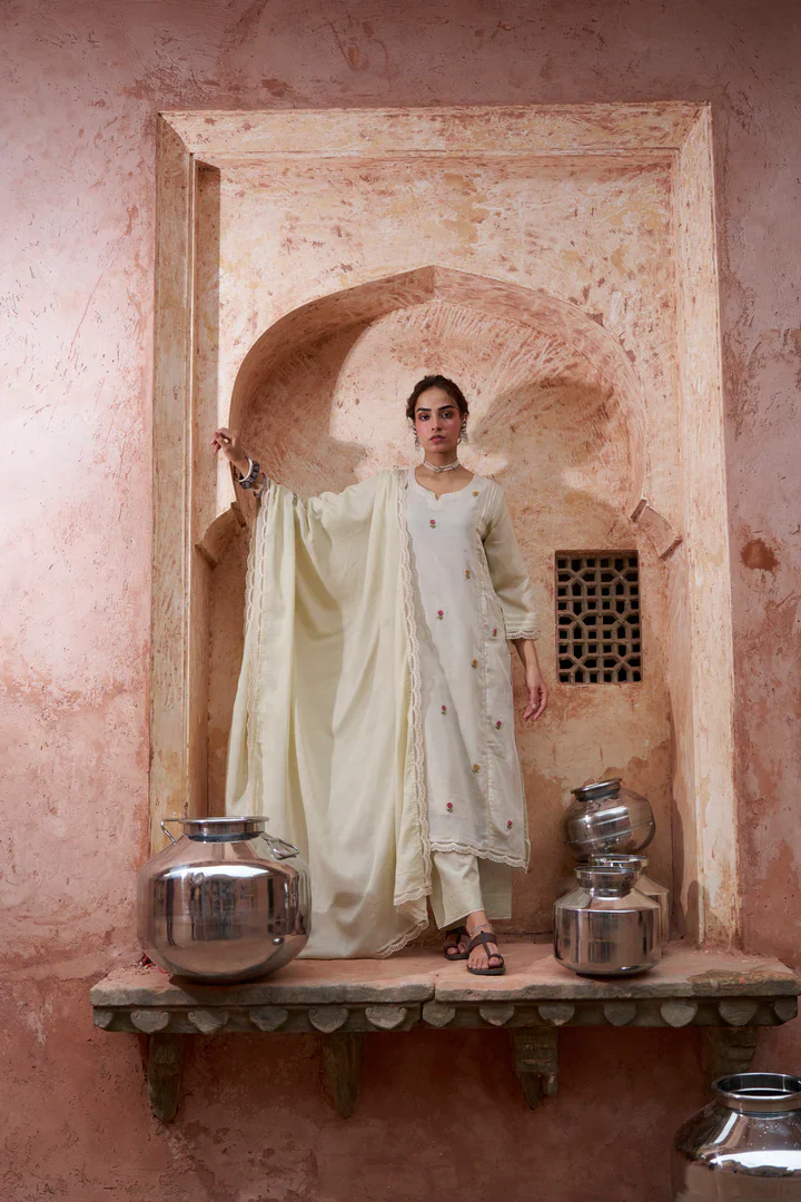 Warm Beige Embroidered Kota Doria Pant Set - Image 2