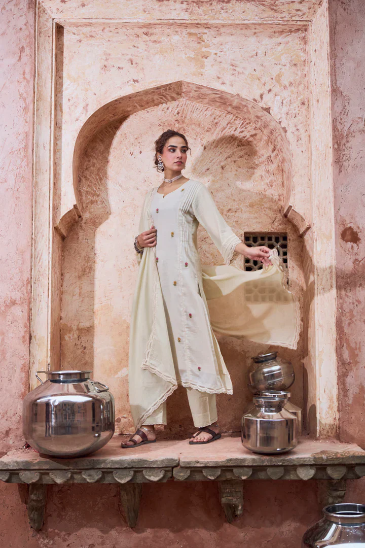 Warm Beige Embroidered Kota Doria Pant Set - Image 3
