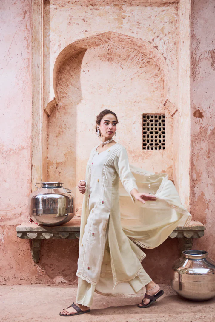Warm Beige Embroidered Kota Doria Pant Set - Image 4