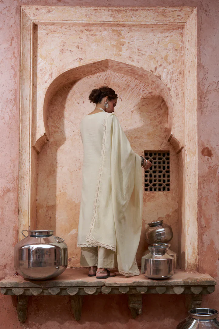 Warm Beige Embroidered Kota Doria Pant Set - Image 5
