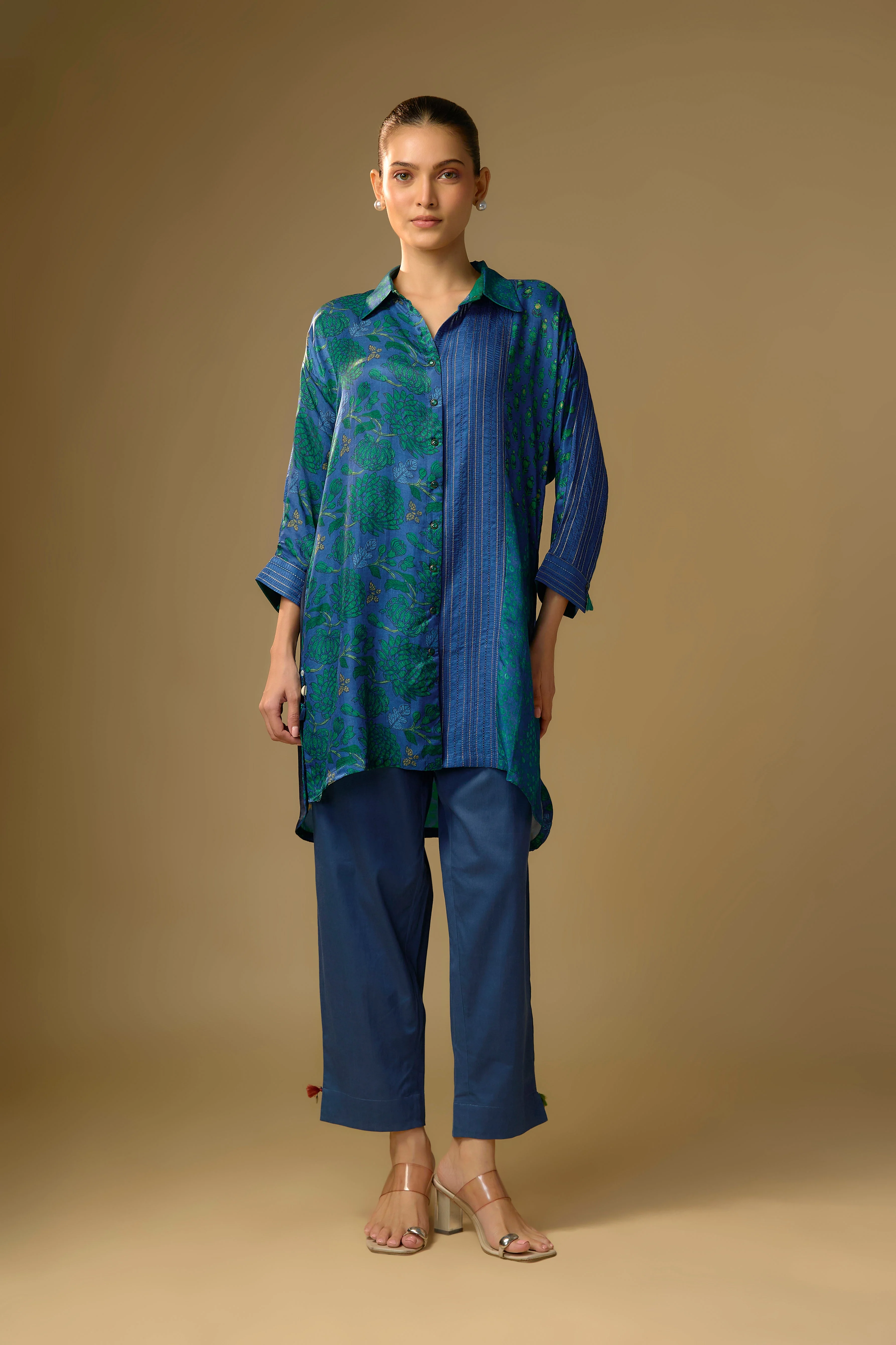 Summer Blue Printed Slub Cotton Silk Tunic Top