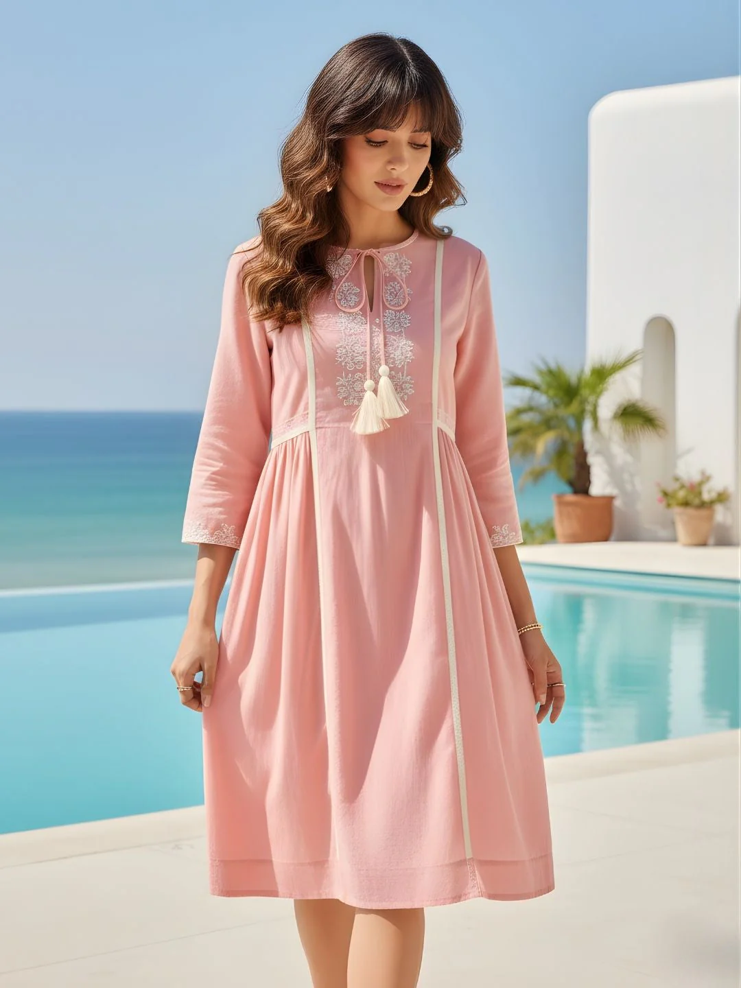 Soft Pink Embroidered Cotton Linen Dress - Image 4