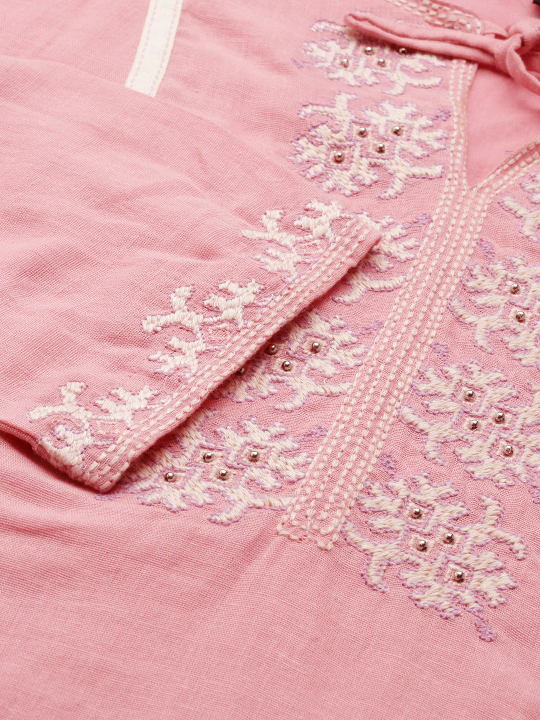 Soft Pink Embroidered Cotton Linen Dress - Image 7
