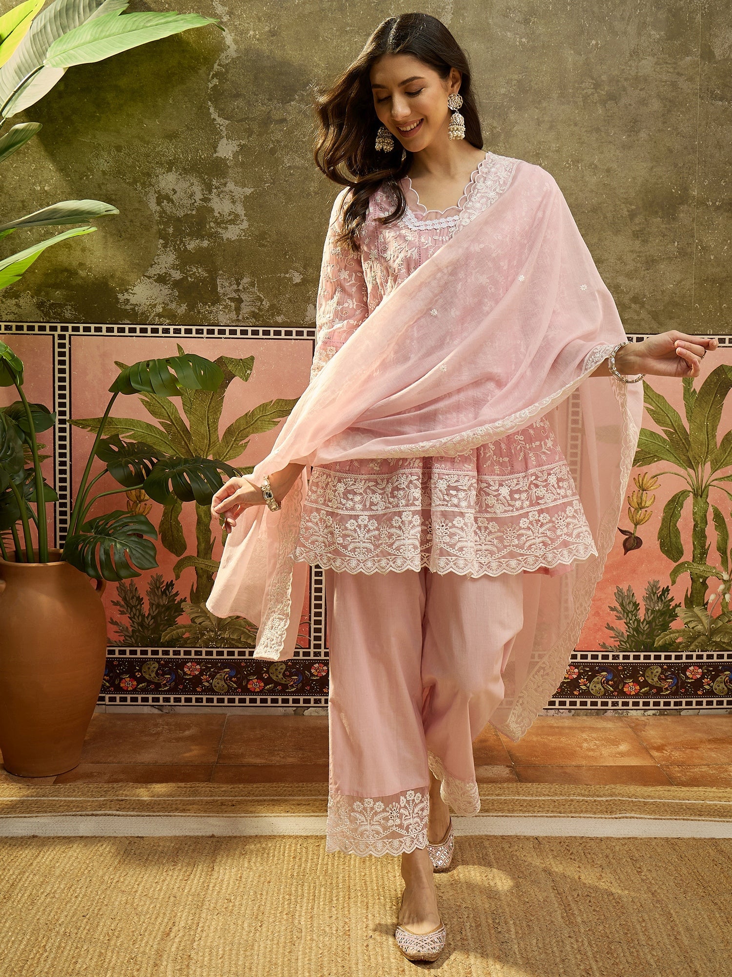 Soft Pink Embroidered Mul Chanderi Silk Pant Set - Image 4