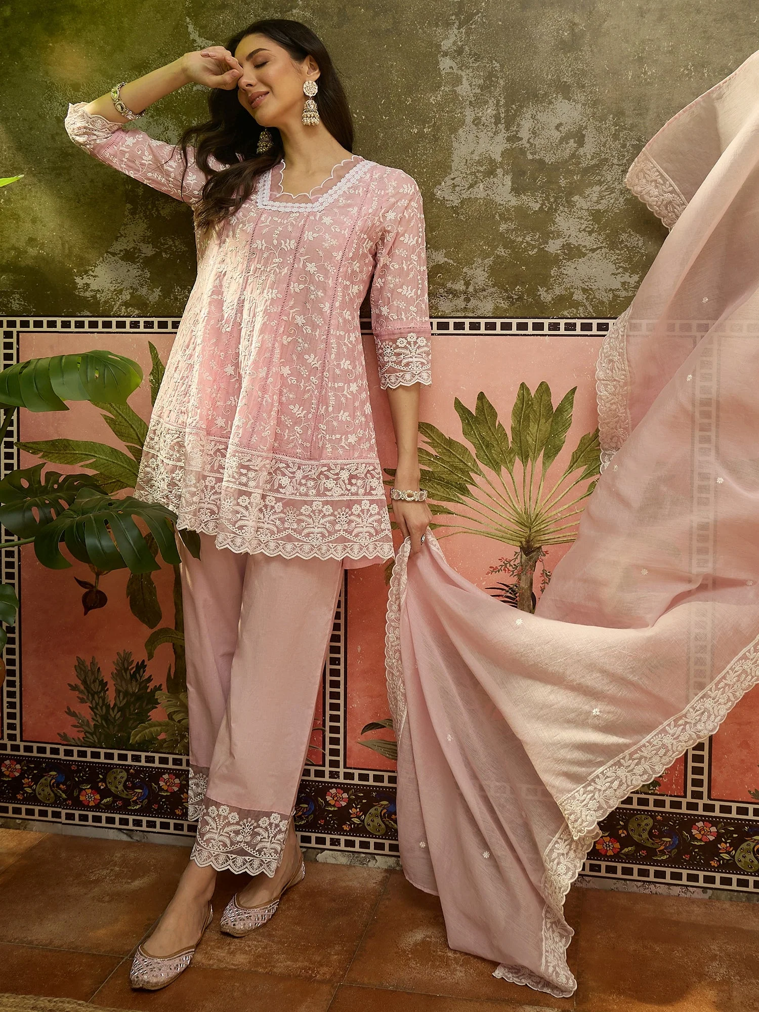 Soft Pink Embroidered Mul Chanderi Silk Pant Set - Image 5