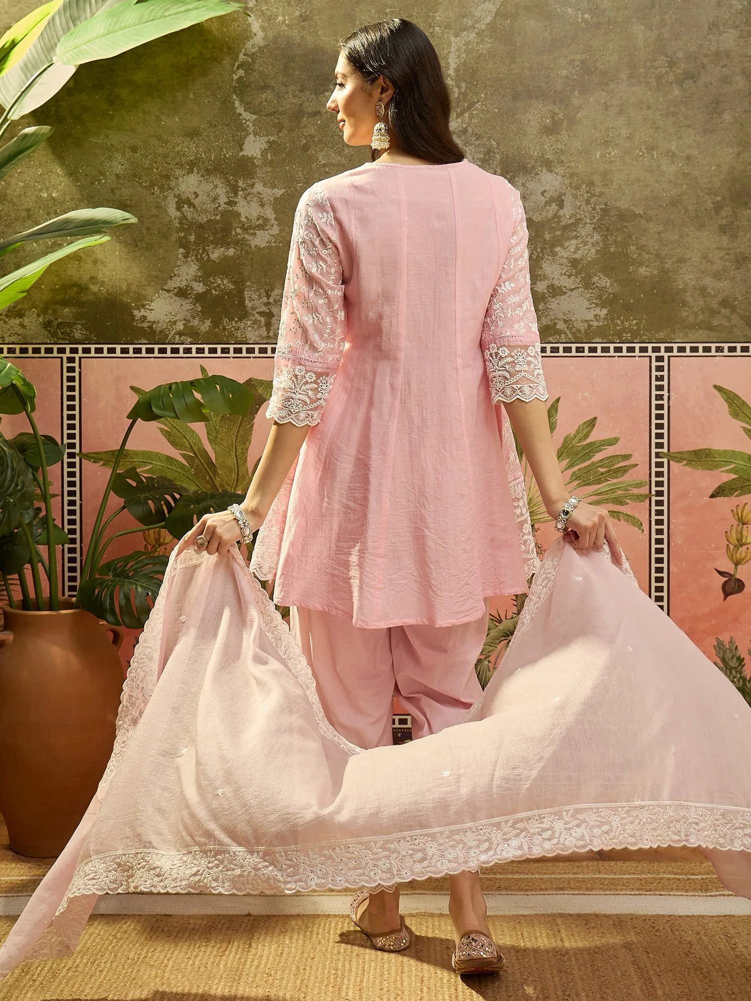 Soft Pink Embroidered Mul Chanderi Silk Pant Set - Image 7