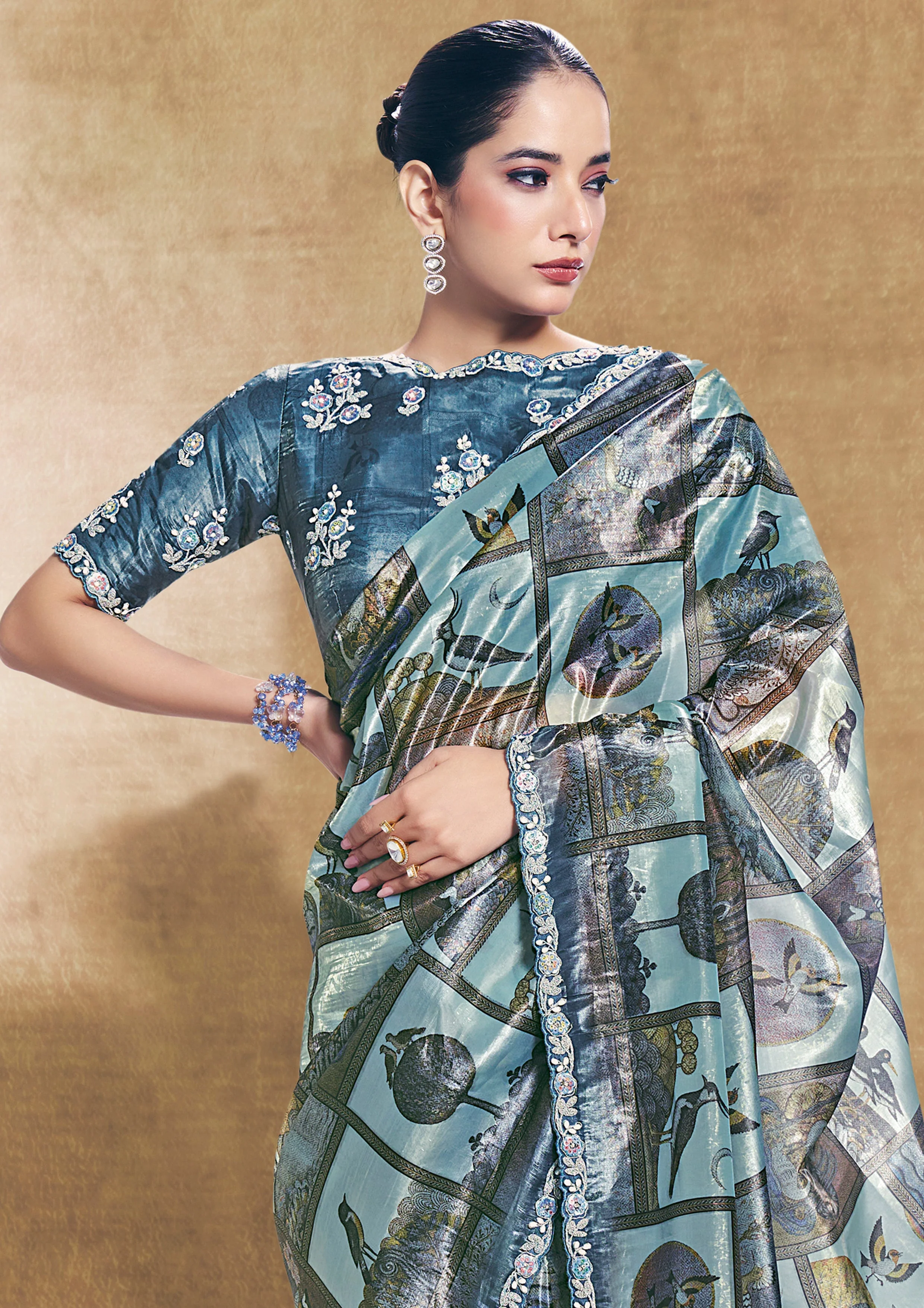 Steel Blue Embellished Soft Organza Silk Saree - Image 2