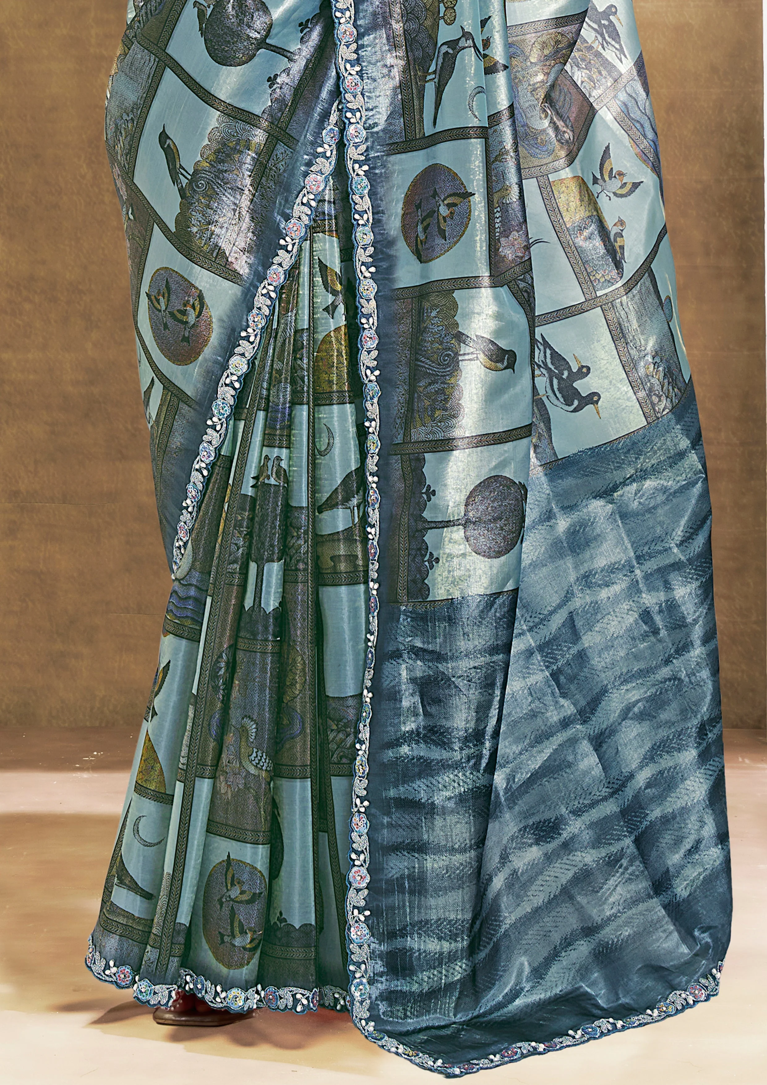 Steel Blue Embellished Soft Organza Silk Saree - Image 5