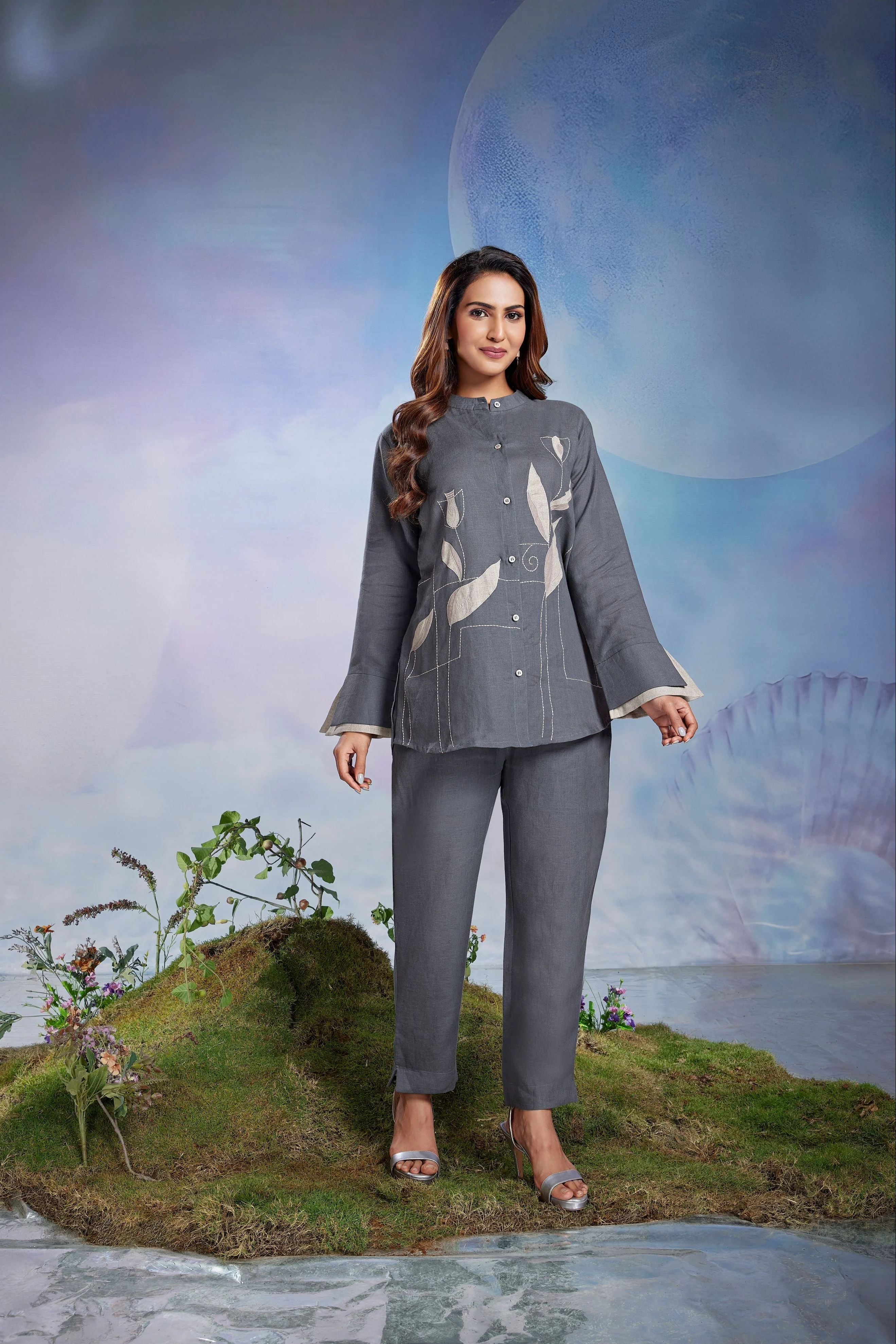 Steel Grey Embroidered Linen Co-Ord Set