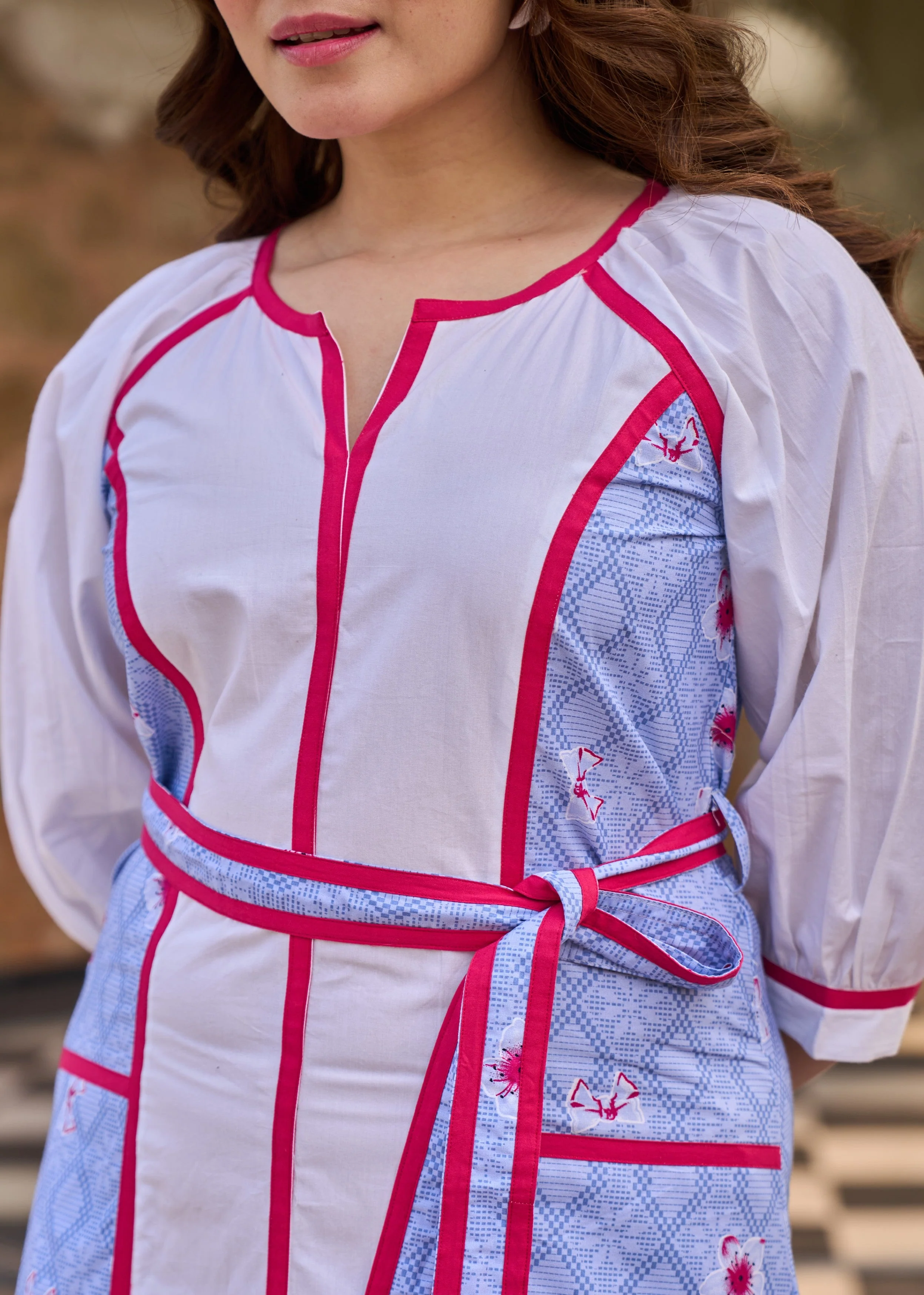 Blue and White Panelled Cotton Dress - Image 2